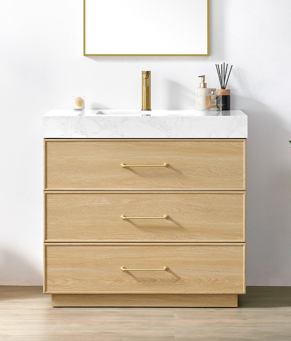 36" Single Bathroom Vanity in Dark Oak Finish with White Grain Composite Stone Top
