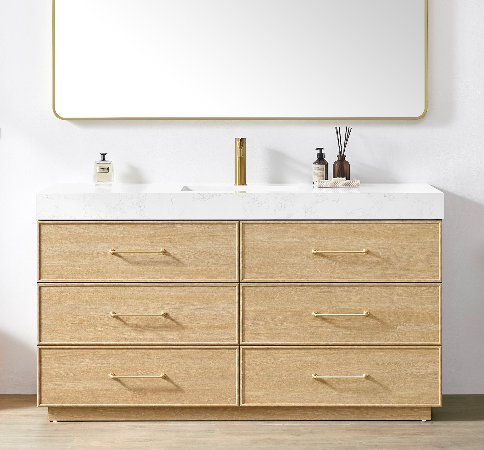 60" Dark Oak Single Bathroom Vanity with White Grain Composite Stone Countertop