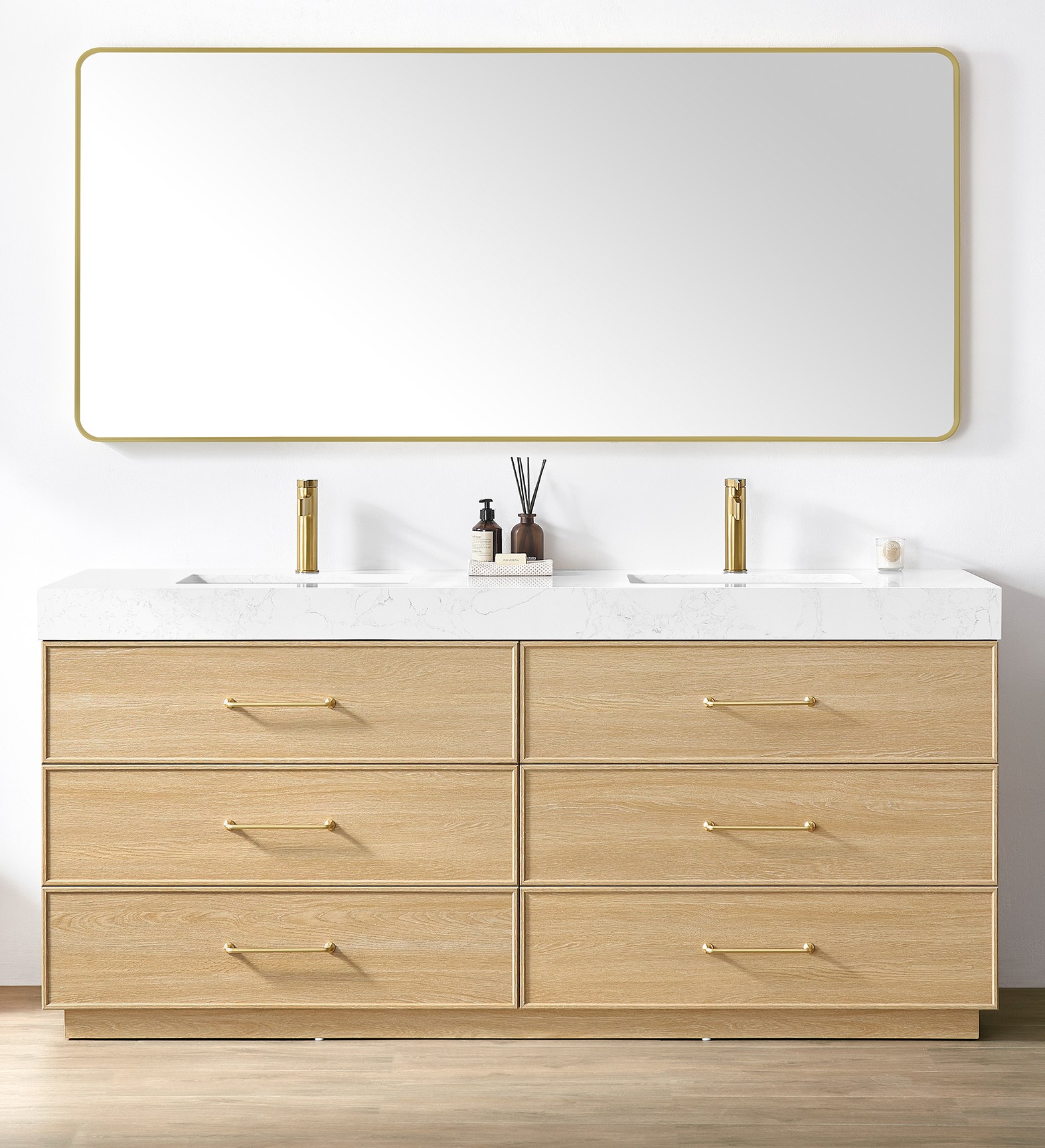72" Dark Oak Double Bathroom Vanity with White Grain Composite Stone Top