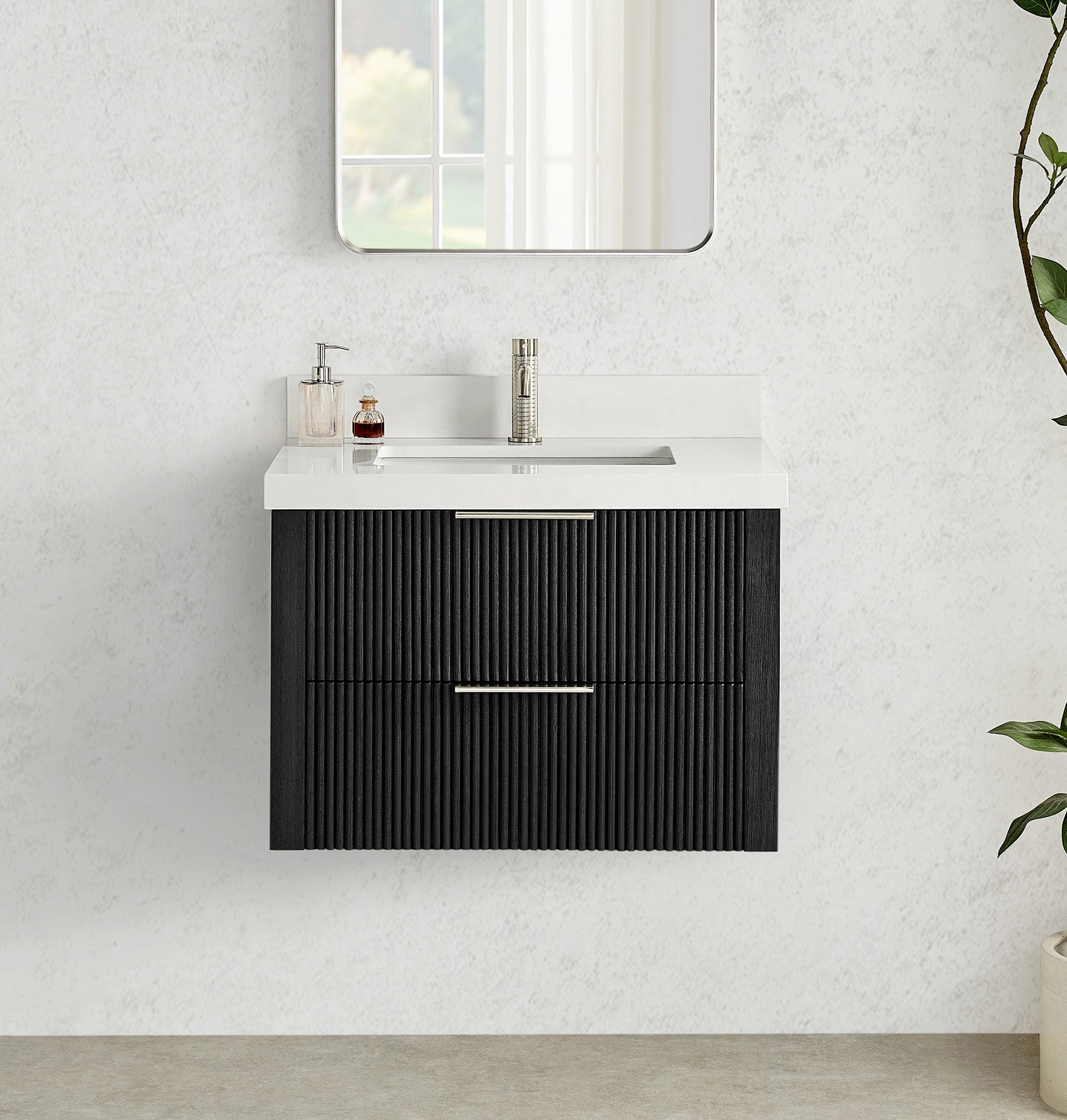 30" Floating Single Bath Vanity in Oak Weathered Black with Pure White Quartz Stone Top