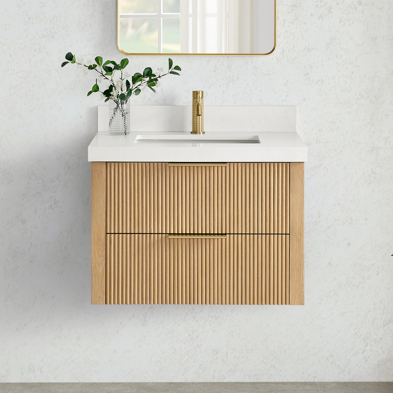 30" Floating Single Bath Vanity in Washed Ash Grey with Pure White Quartz Stone Top 30" Floating Single Bath Vanity in Washed Ash Grey with Pure White Quartz Stone Top
