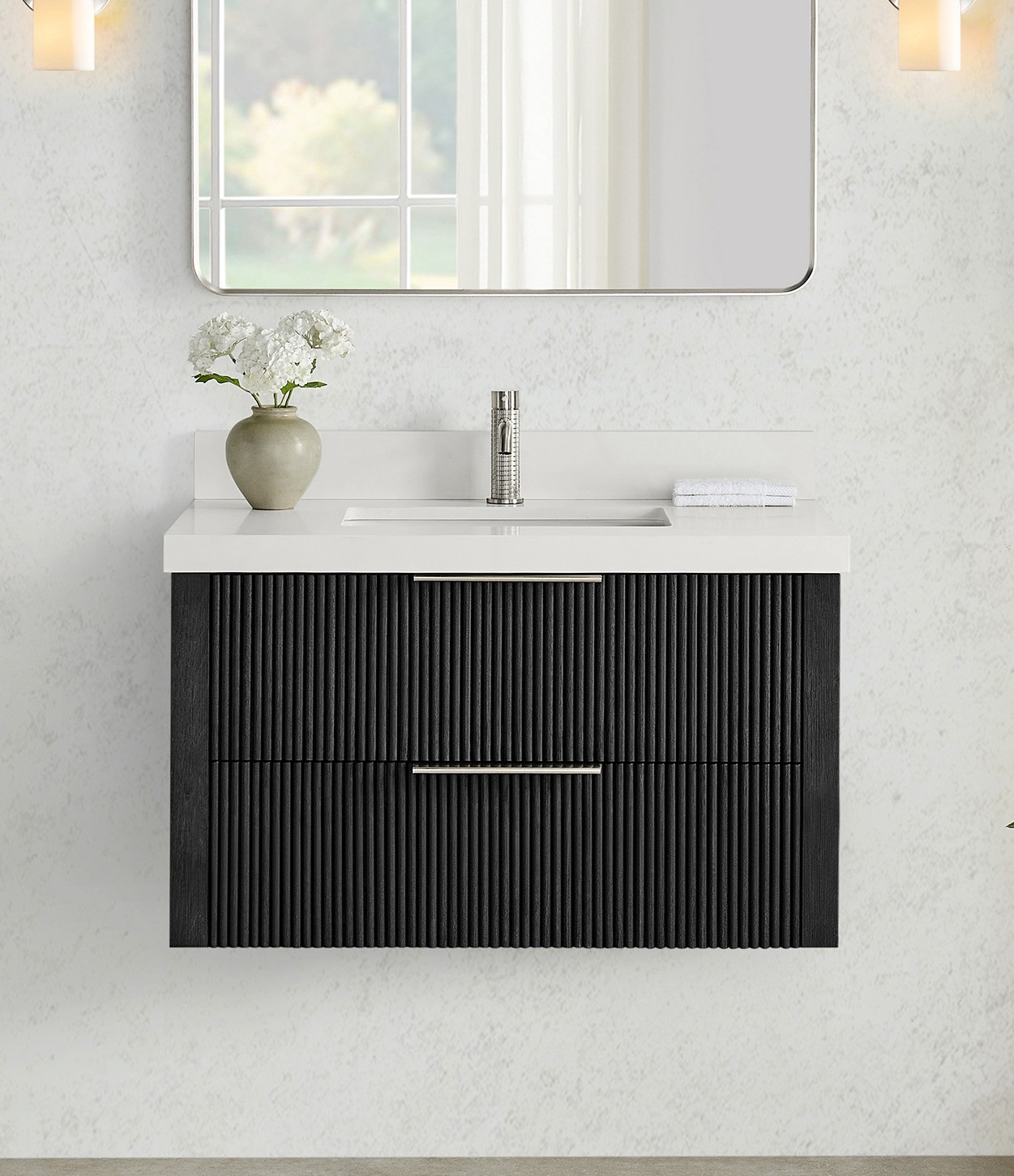 36" Floating Single Bath Vanity in Oak Weathered Black with Pure White Quartz Stone Top