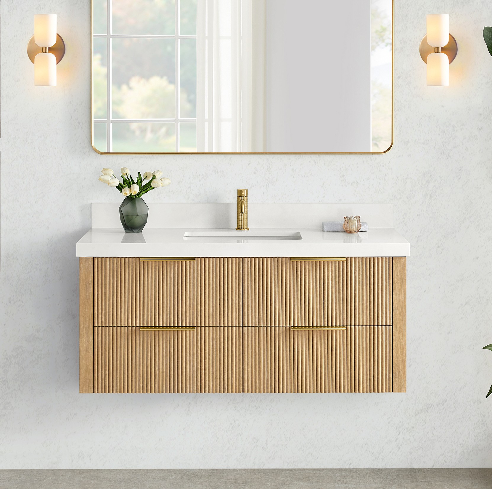 48" Floating Single Bath Vanity in Washed Ash Grey with Pure White Quartz Stone Top