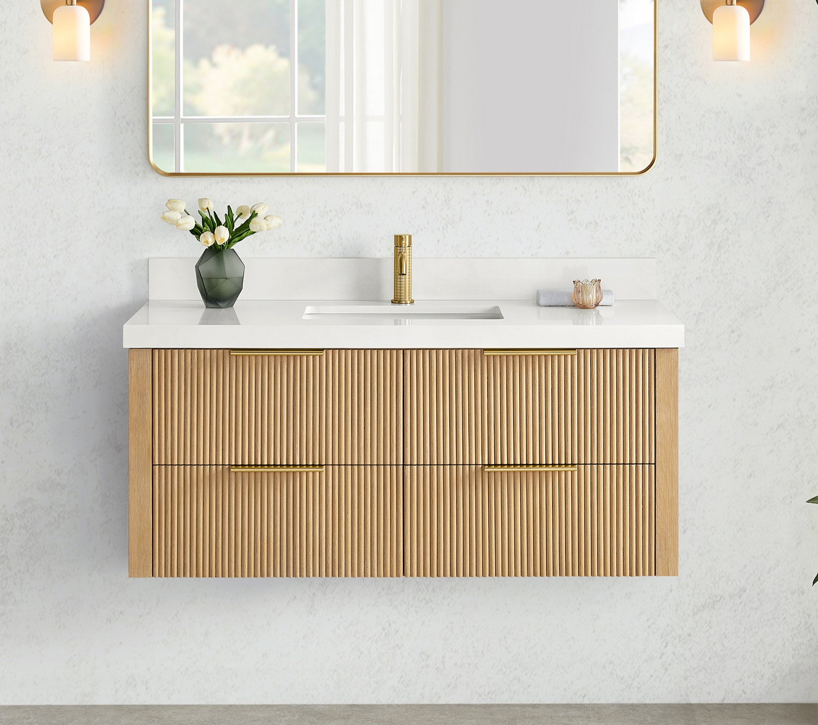 48" Floating Single Bath Vanity in Washed Ash Grey with Pure White Quartz Stone Top 48" Floating Single Bath Vanity in Washed Ash Grey with Pure White Quartz Stone Top