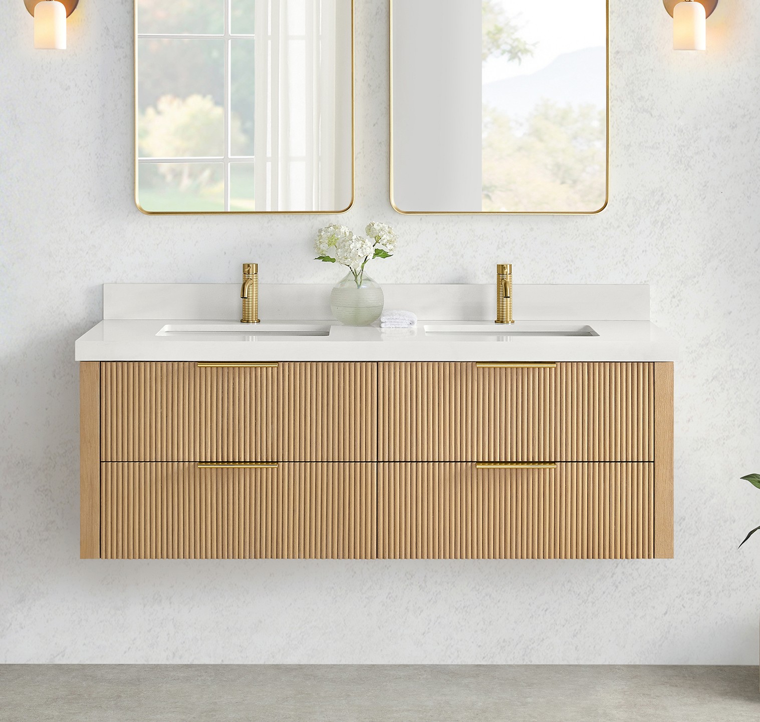 60M" Floating Double Bath Vanity in Washed Ash Grey with Pure White Quartz Stone Top