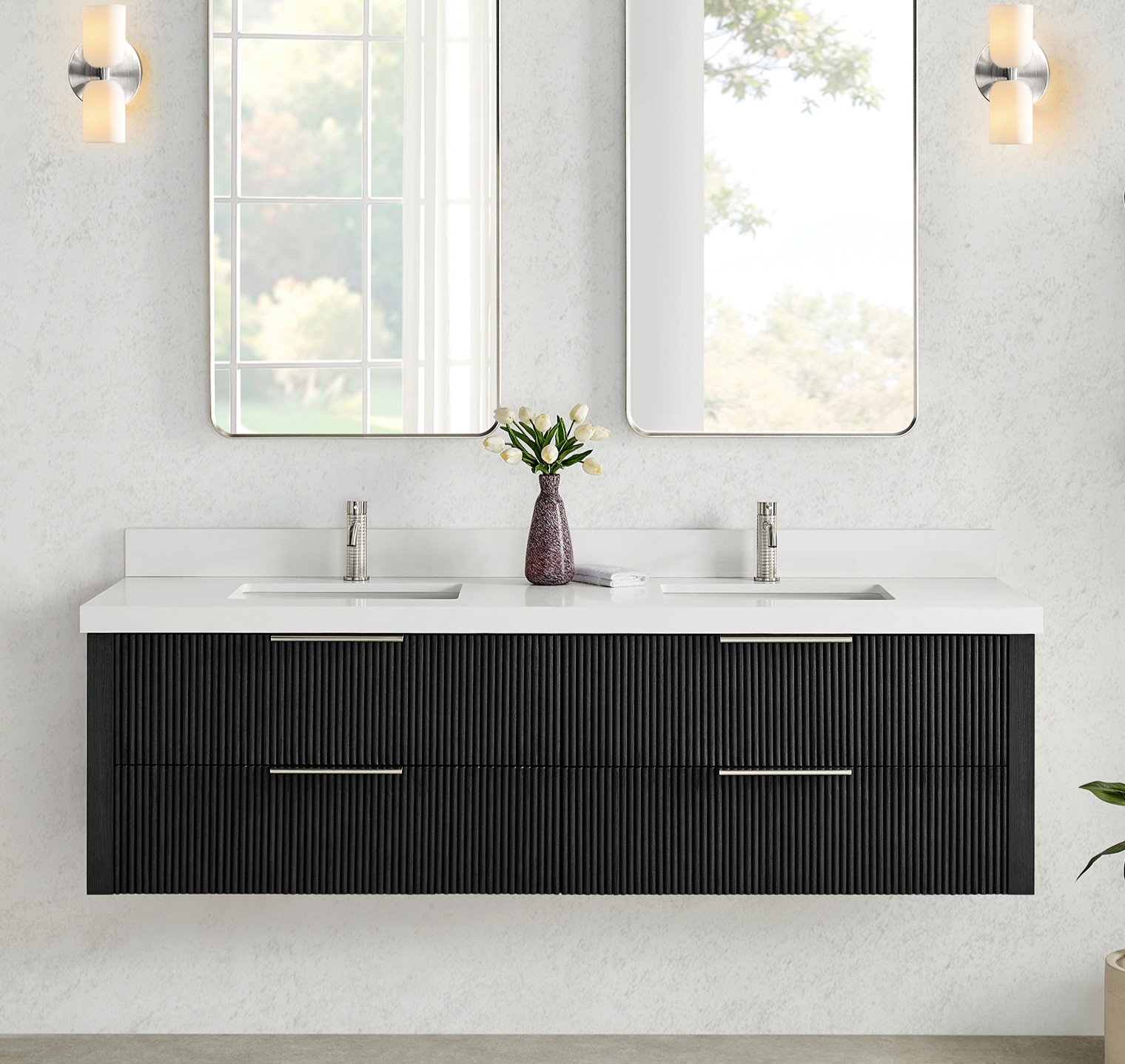72" Floating Double Bath Vanity in Oak Weathered Black with Pure White Quartz Stone Top