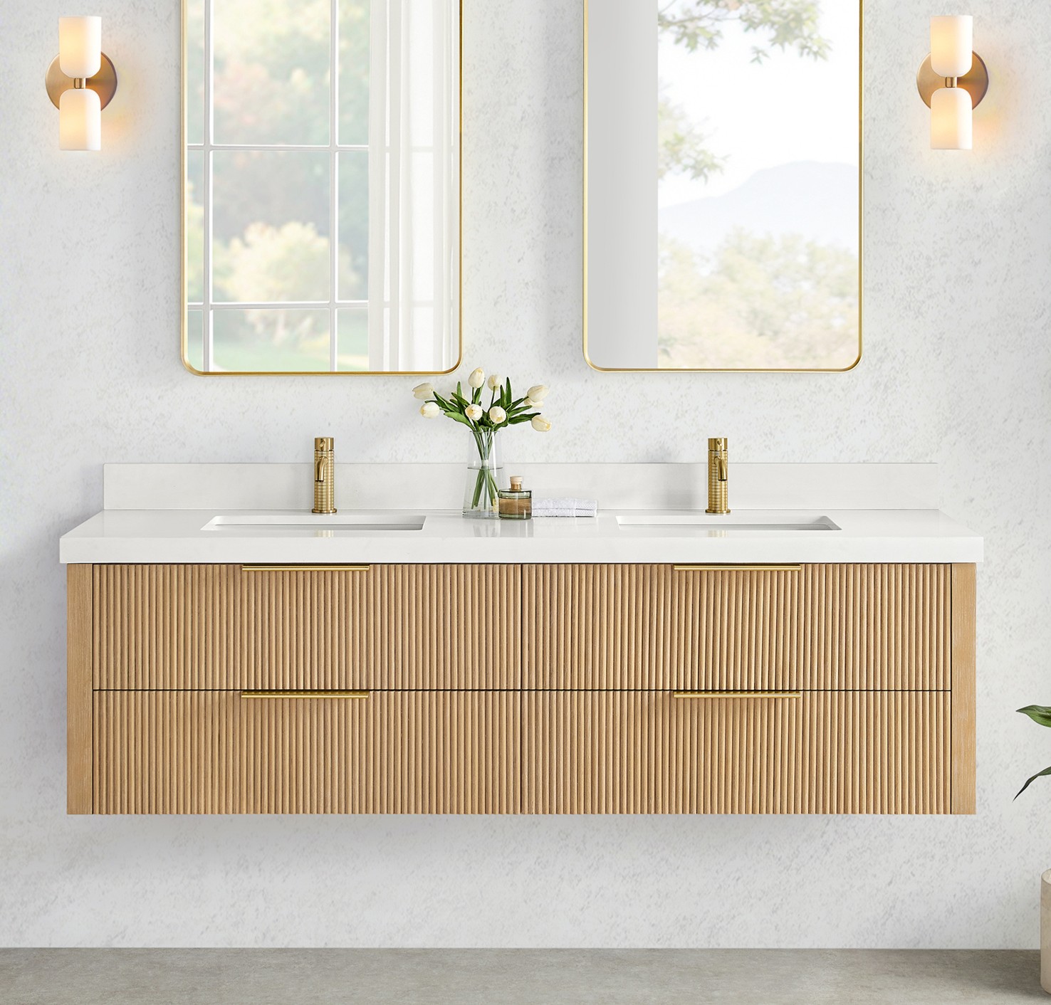 72" Floating Double Bath Vanity in Washed Ash Grey with Pure White Quartz Stone Top 72" Floating Double Bath Vanity in Washed Ash Grey with Pure White Quartz Stone Top