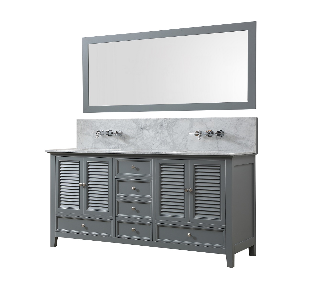 Premium 72" Vanity In gray With Carrara White Marble Vanity Top with white basins 