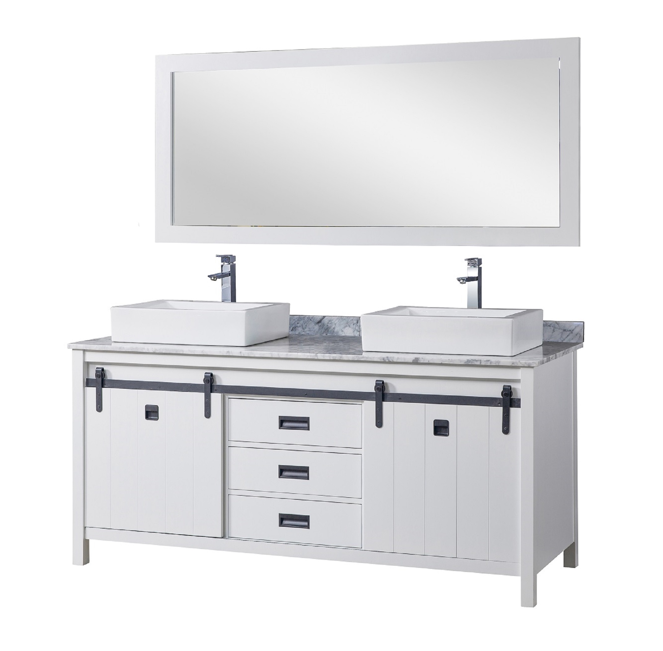 72" Vanity in White with White Carrara Marble Top with white vessel sinks