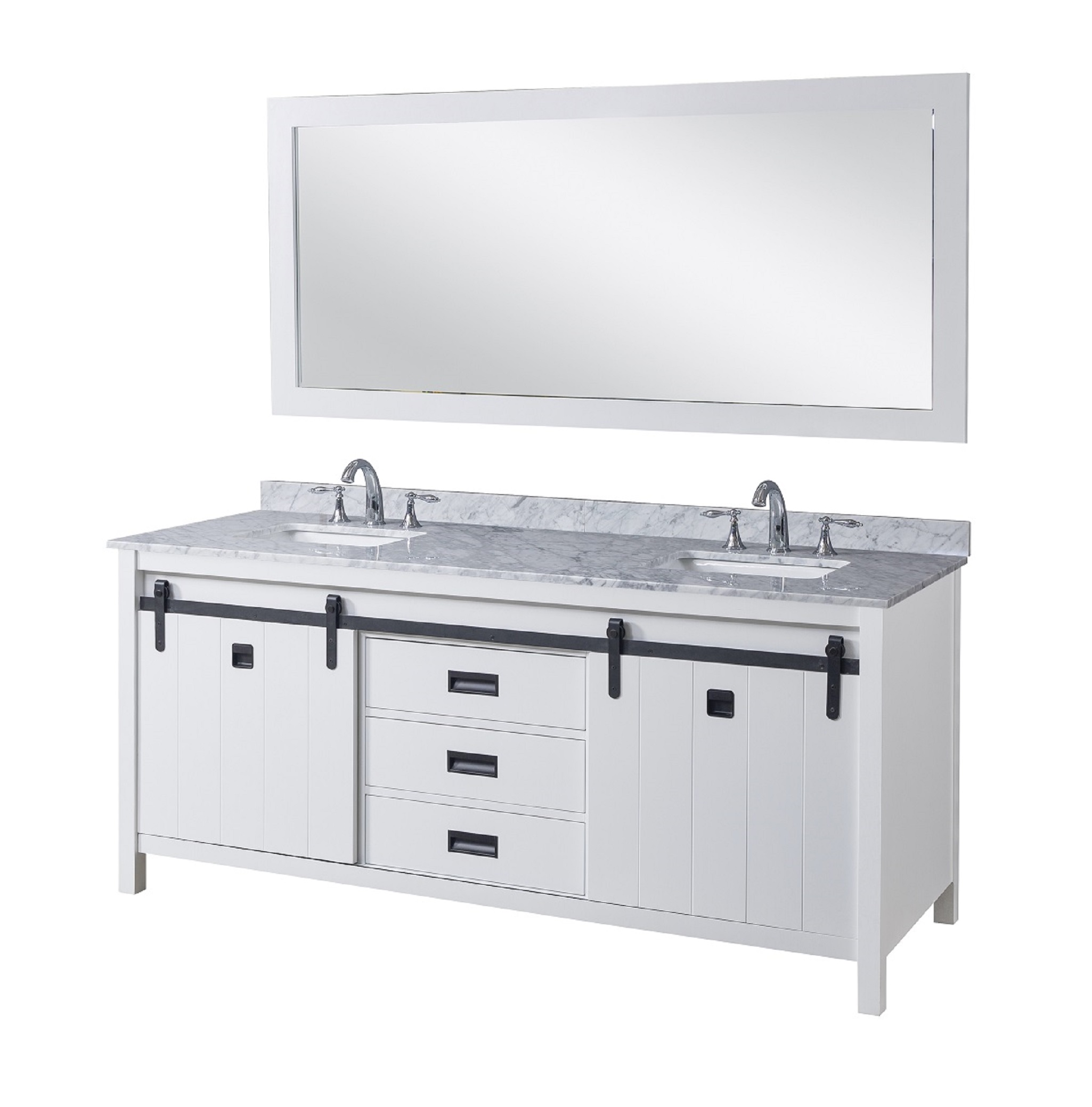 72" Vanity in White with White Carrara Marble Top with white basins