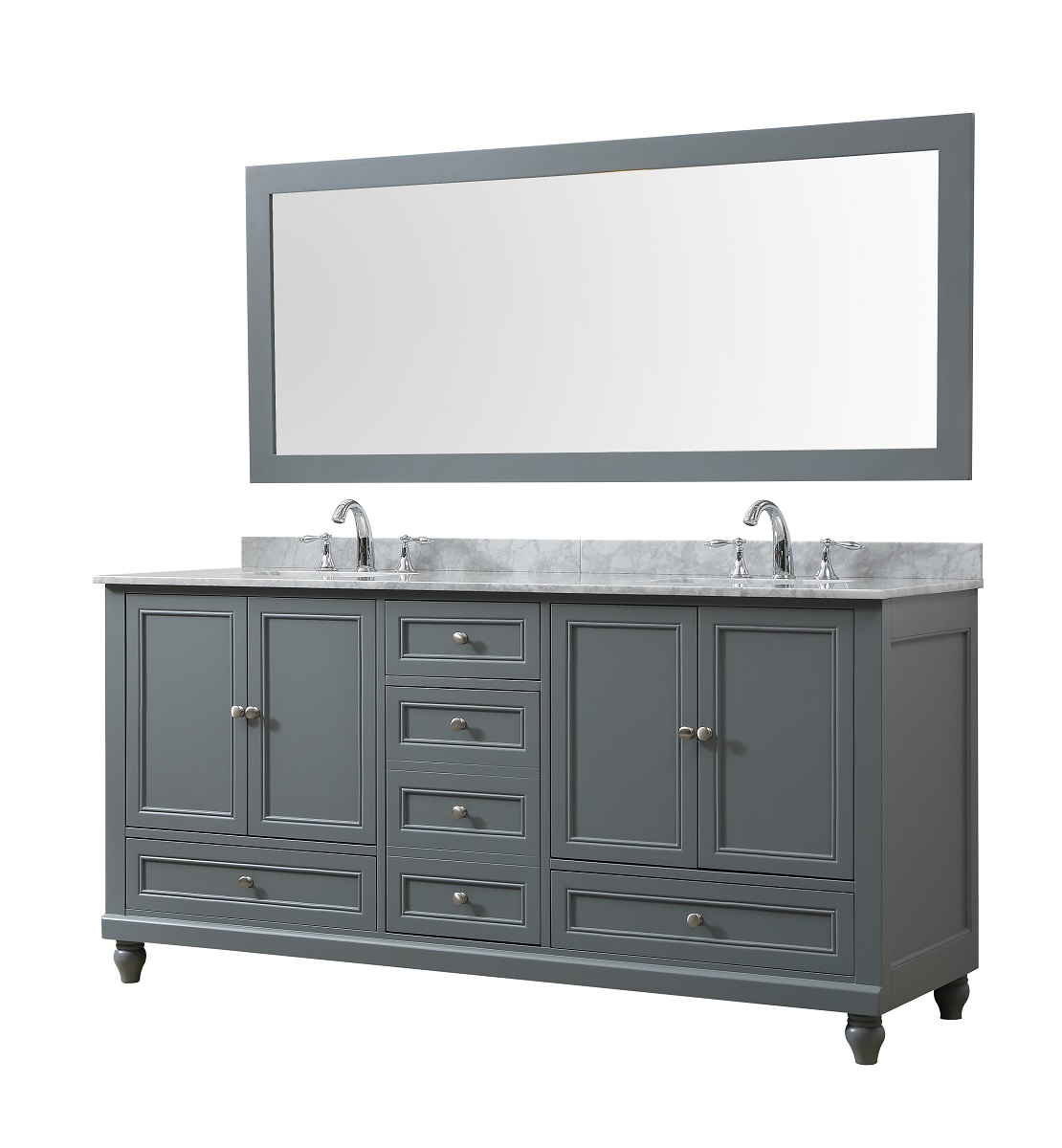 Premium 72" Bath and Makeup Hybrid Vanity in gray with Carrara White Marble Vanity Top with white basins