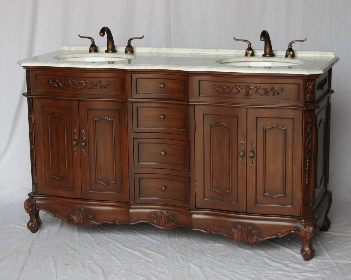 60" Adelina Antique Style Double Sink Bathroom Vanity in Walnut Finish with White Italian Carrara Marble Countertop and Oval White Porcelain Sinks
