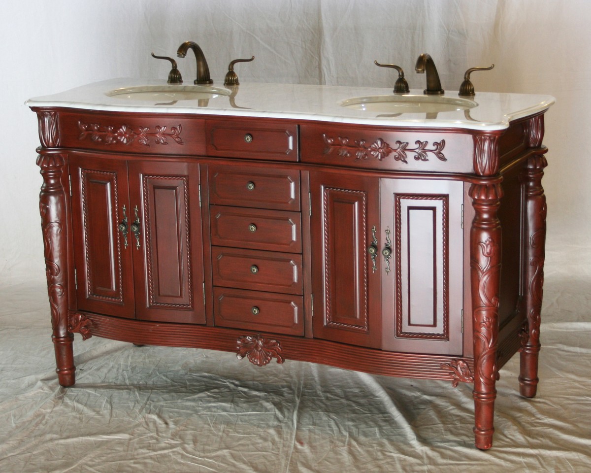 60" Adelina Antique Style Double Sink Bathroom Vanity Cherry Finish with White Italian Carrara Marble Countertop and Oval White Porcelain Sink