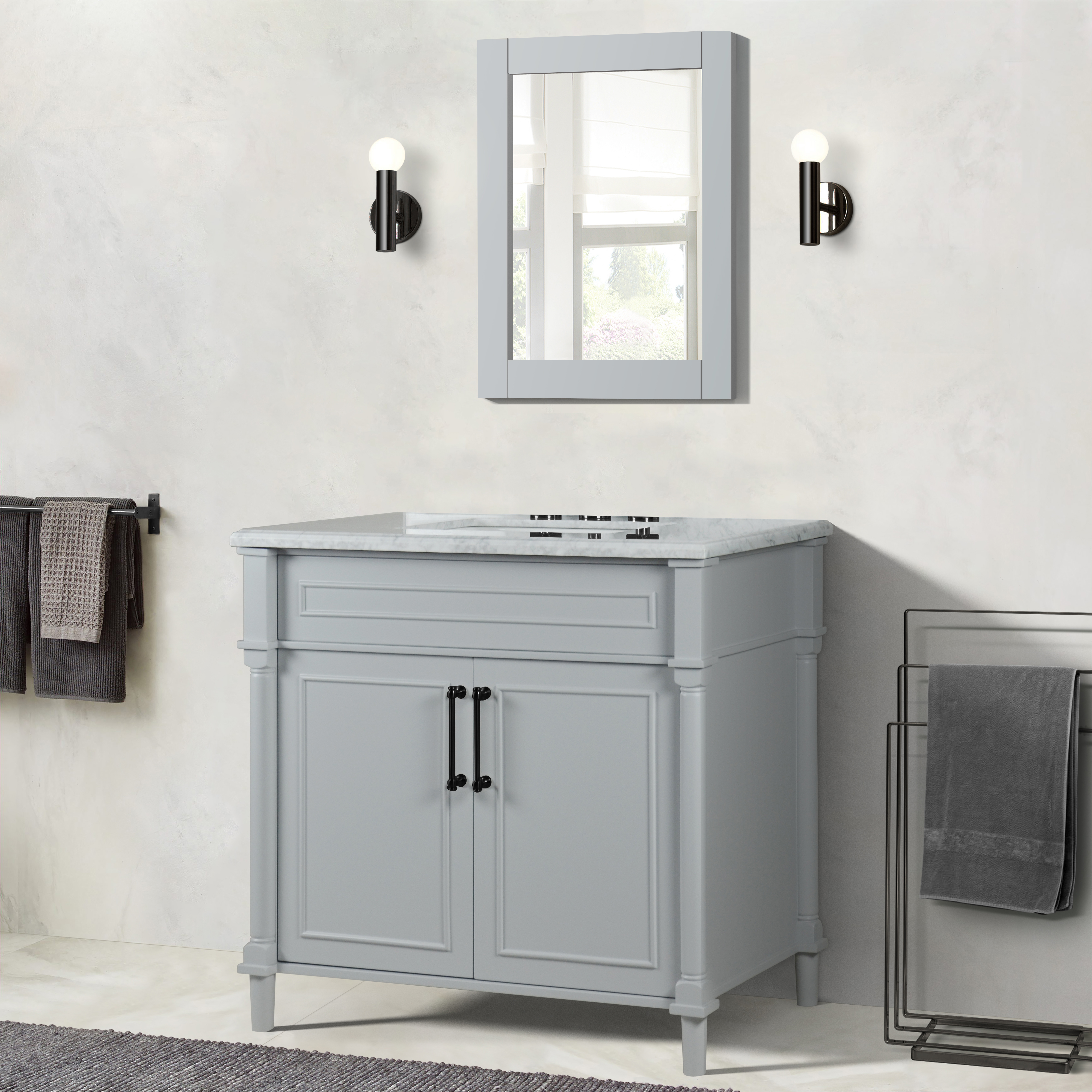 36" Single Vanity in L/Gray with White Carrara Marble Top