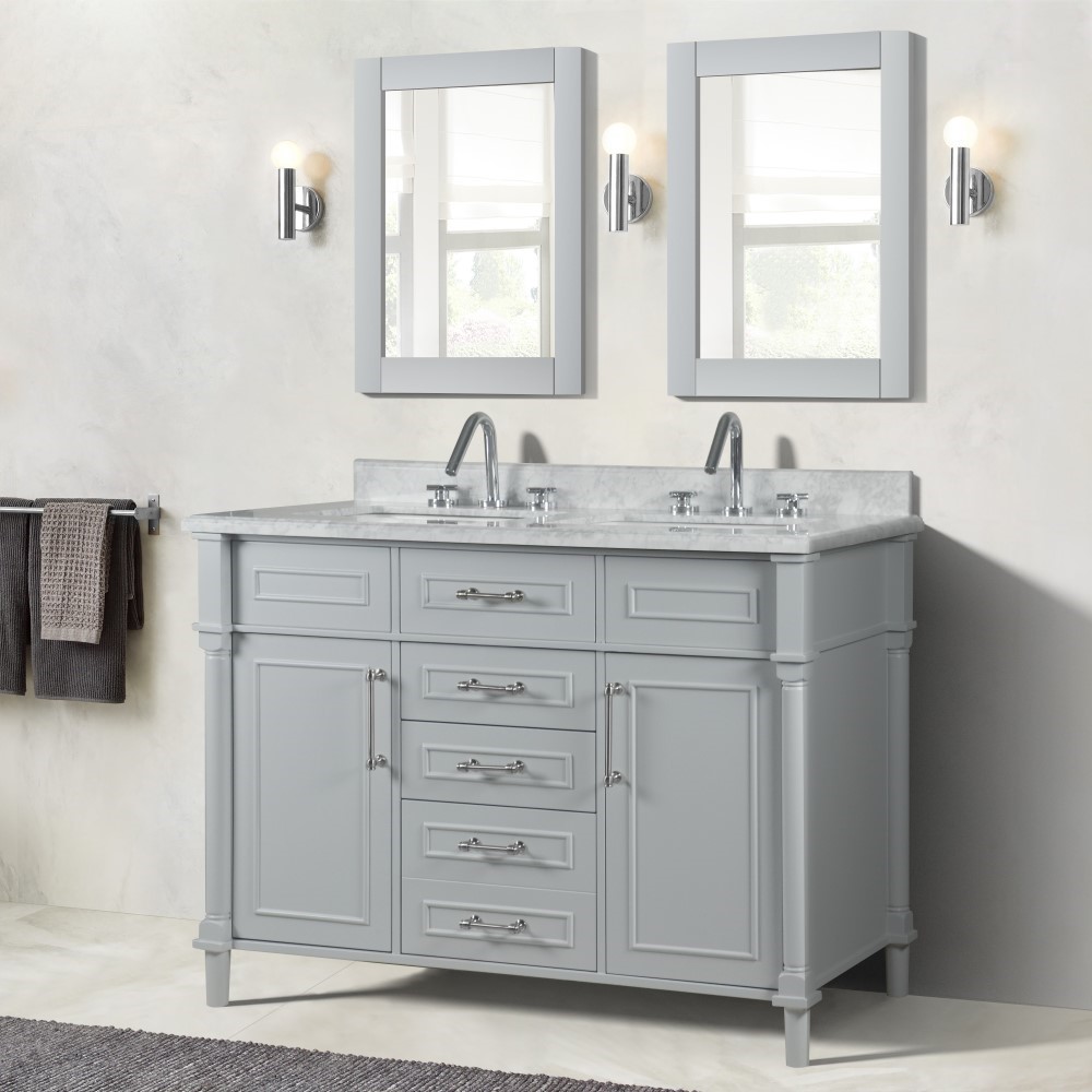 48" Double Vanity in L/Gray with White Carrara Marble Top