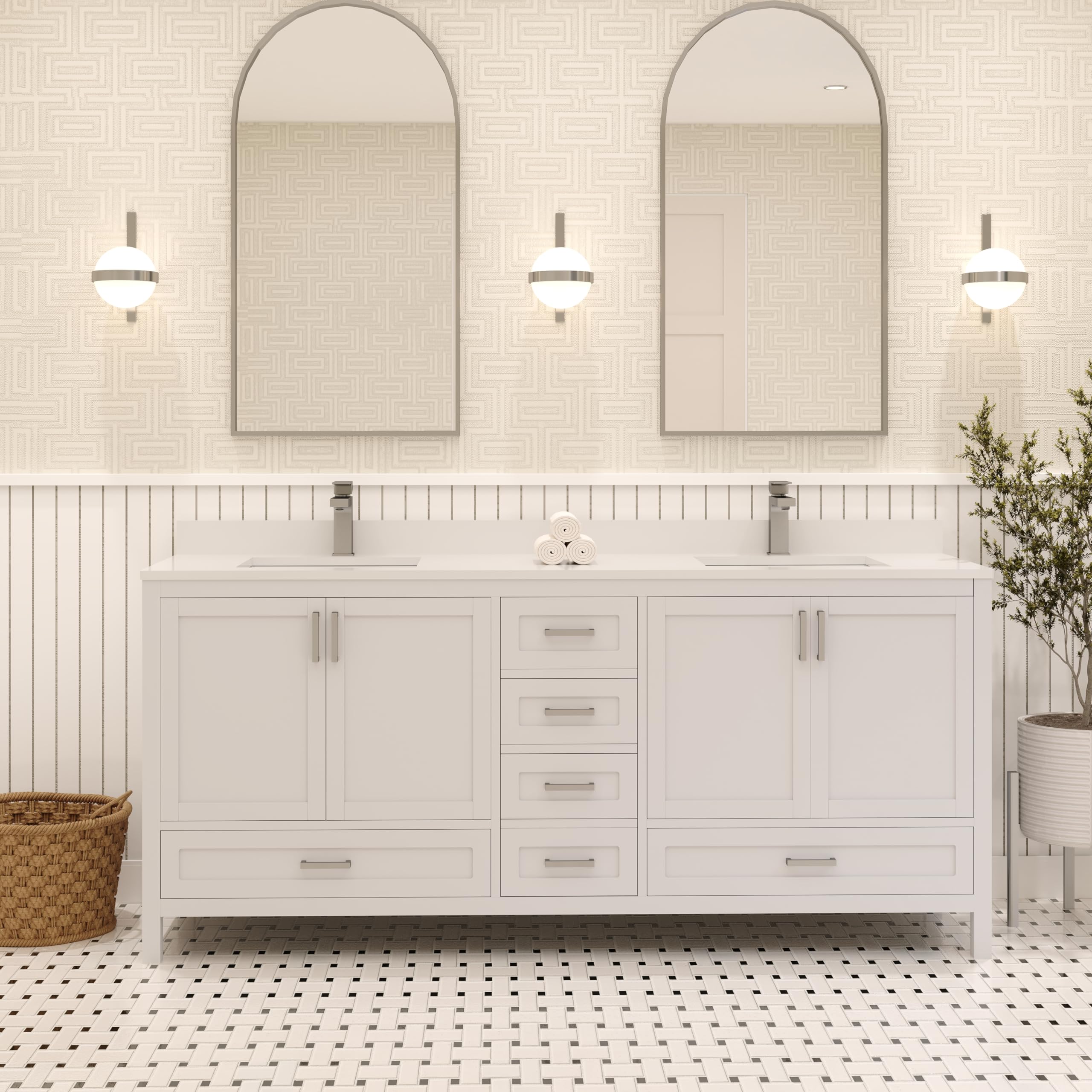 LV 72" Transitional Bath Vanity in White Finish with 3 Hardware Options, Base only, and Top Option