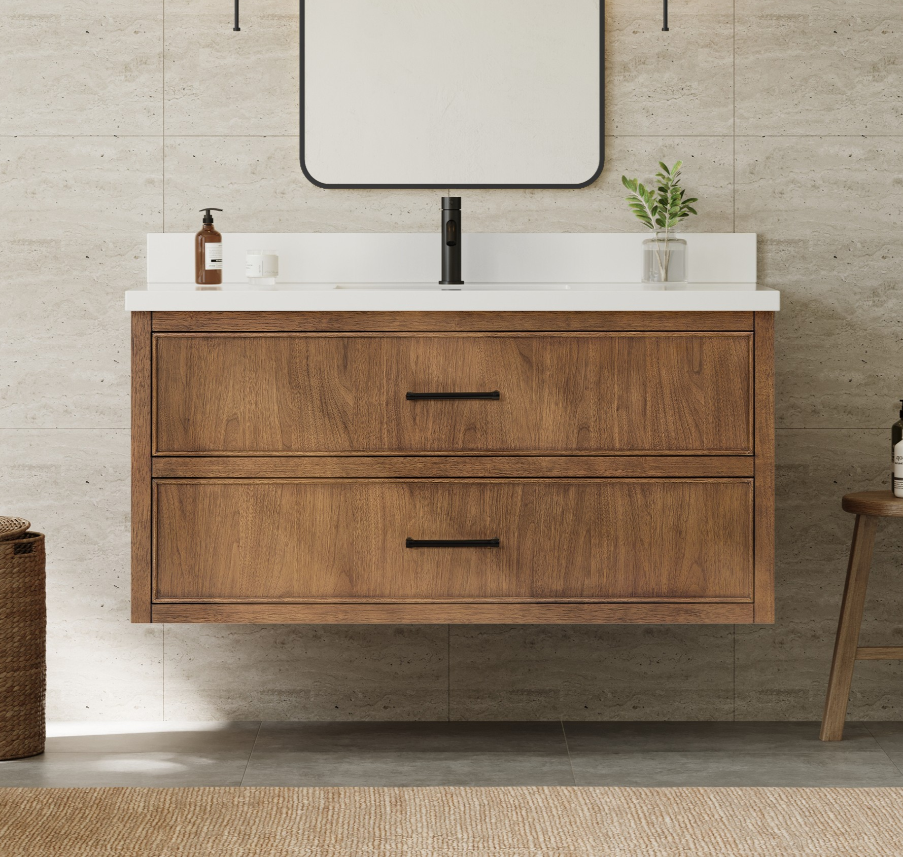 48"Single Wall Mounted Bathroom Vanity in Toasted Walnut, Base only, Brushed Nickel Trim with Countertop Options and Hardware Option