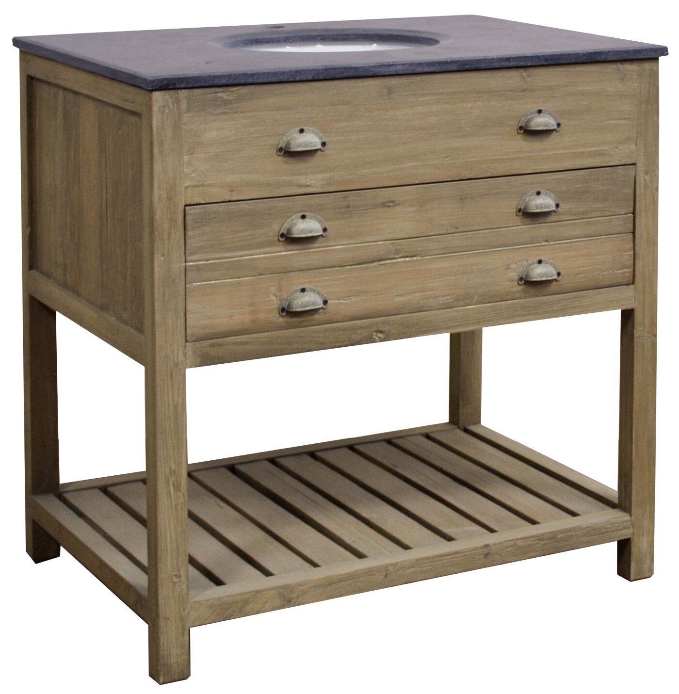 36" Handcrafted Reclaimed Pine Solid Wood Single Bath Vanity Wash Finish with Natural Asian Blue Stone Top