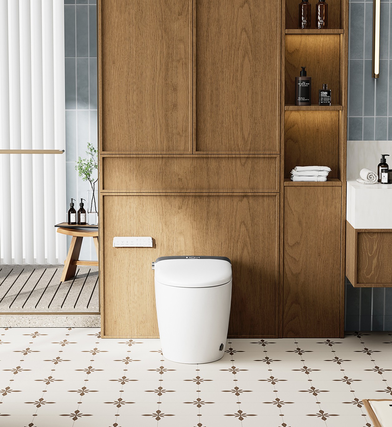 Smart Toilet Bidet in White with LED Display,Remote, Blackout Flush, Off-Seat Auto Flush, Auto Open & Close White/Black Lid, Heated Seat and Warm Air Dryer,Foot Sensor Operation