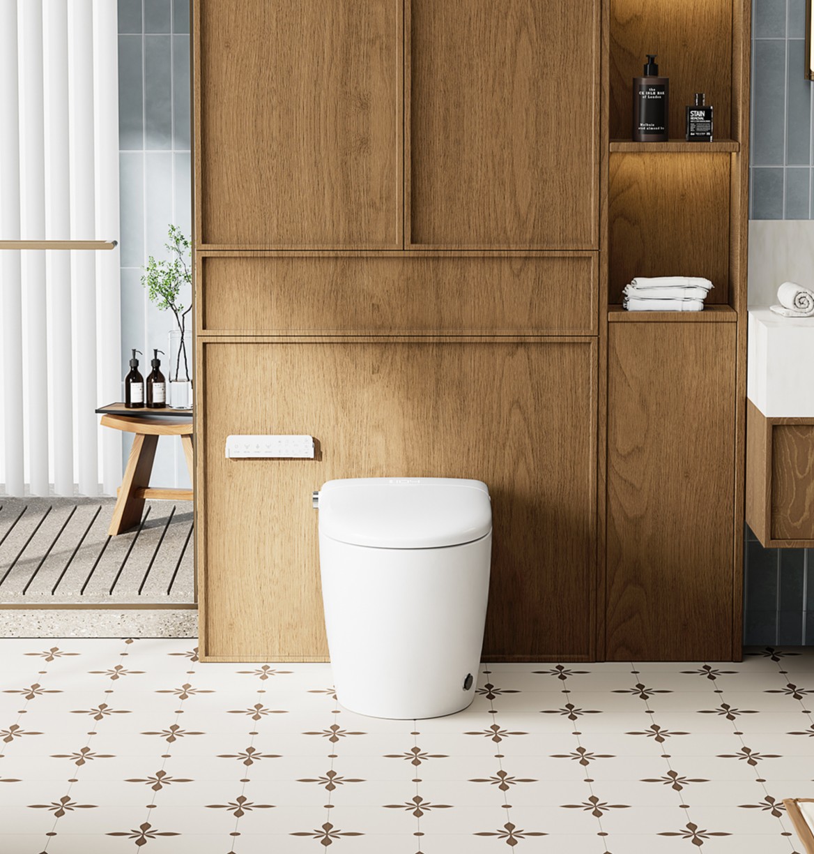 Smart Toilet Bidet in White with LED Display, Remote, Blackout Flush, Off-Seat Auto Flush, Auto Open & Close Lid, Heated Seat and Warm Air Dryer, Foot Sensor Operation