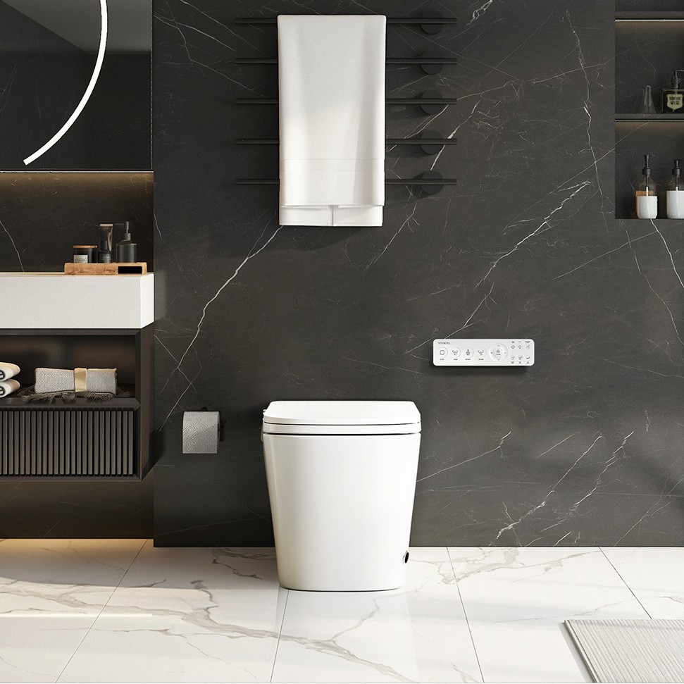 Elongated Smart Bidet Toilet with LED screen display, Built in Tank, ADA Chair Height, Heated Seat, Dryer & Foot/Remote Flush, Dual remote control