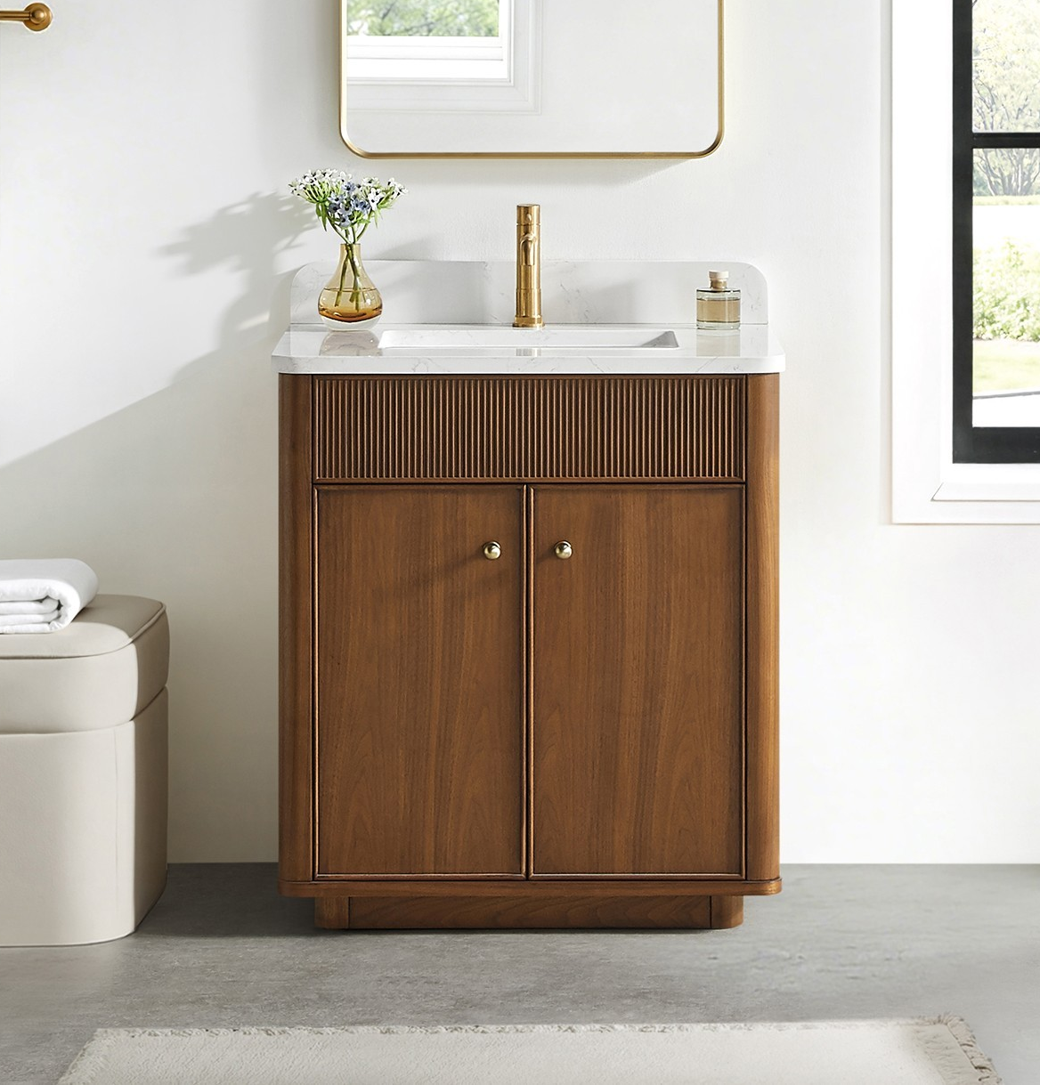 30" Single Sink Bath Vanity in Natural Walnut with White Grain Composite Stone Top