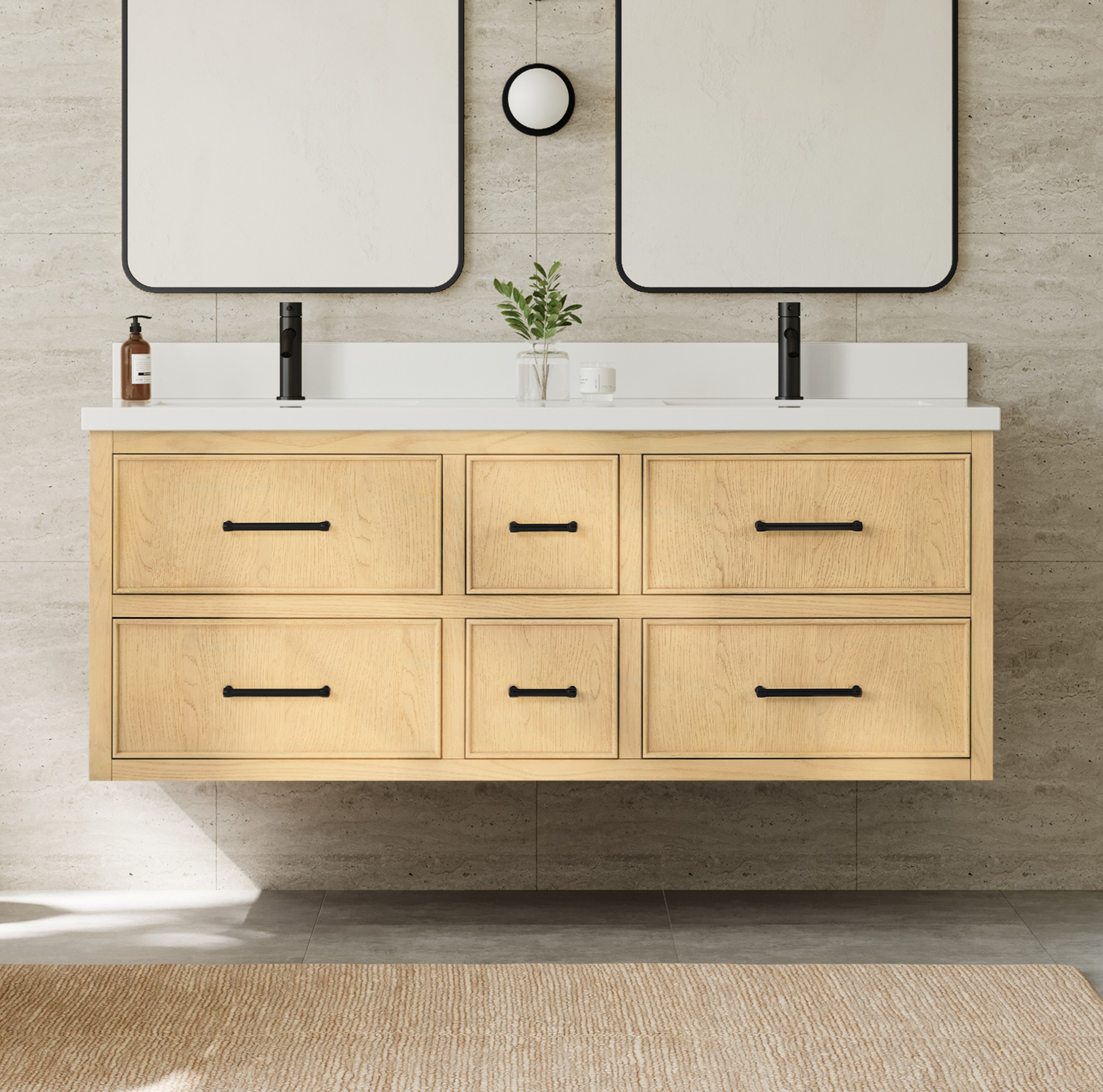 60" Double Wall Mounted Bathroom Vanity in Scandinavian Oak, Base only, Brushed Nickel Trim with Countertop Options and Hardware Option