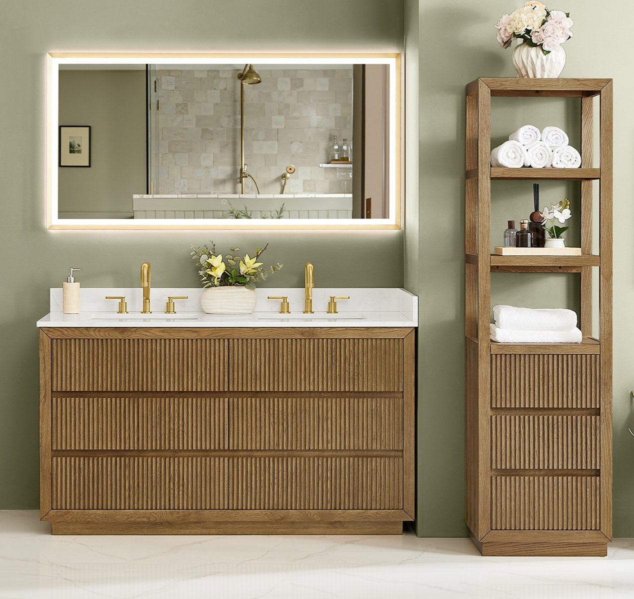 Issac Edwards Collection 60" Double Bathroom Vanity in Weathered Brown with Grain White Stone Countertop, Mirror Option and Linen Cabinet Option