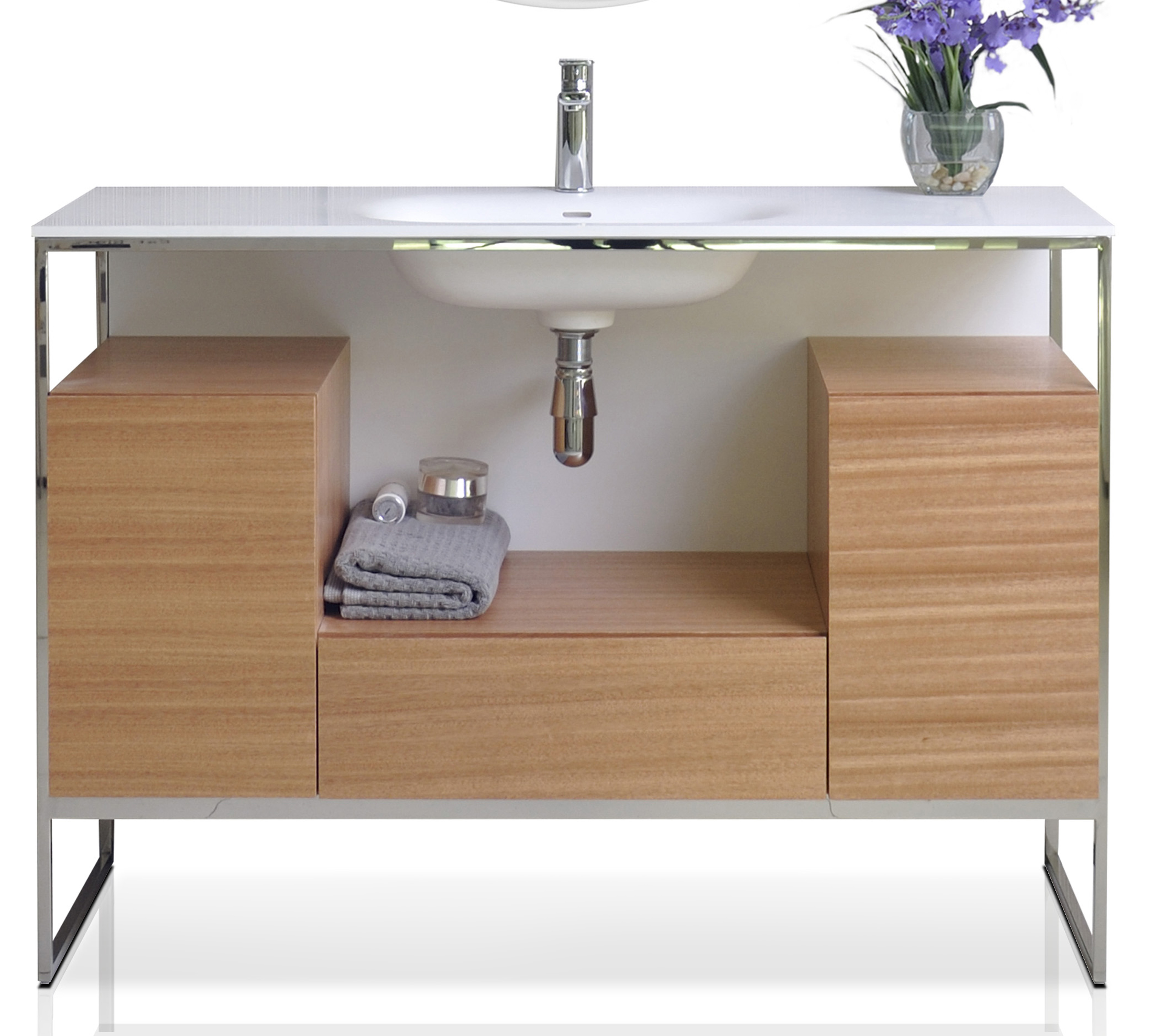 48" Bath Vanity in Natural Walnut with White Matte Seamless Solid Surface Sink top and Mirror