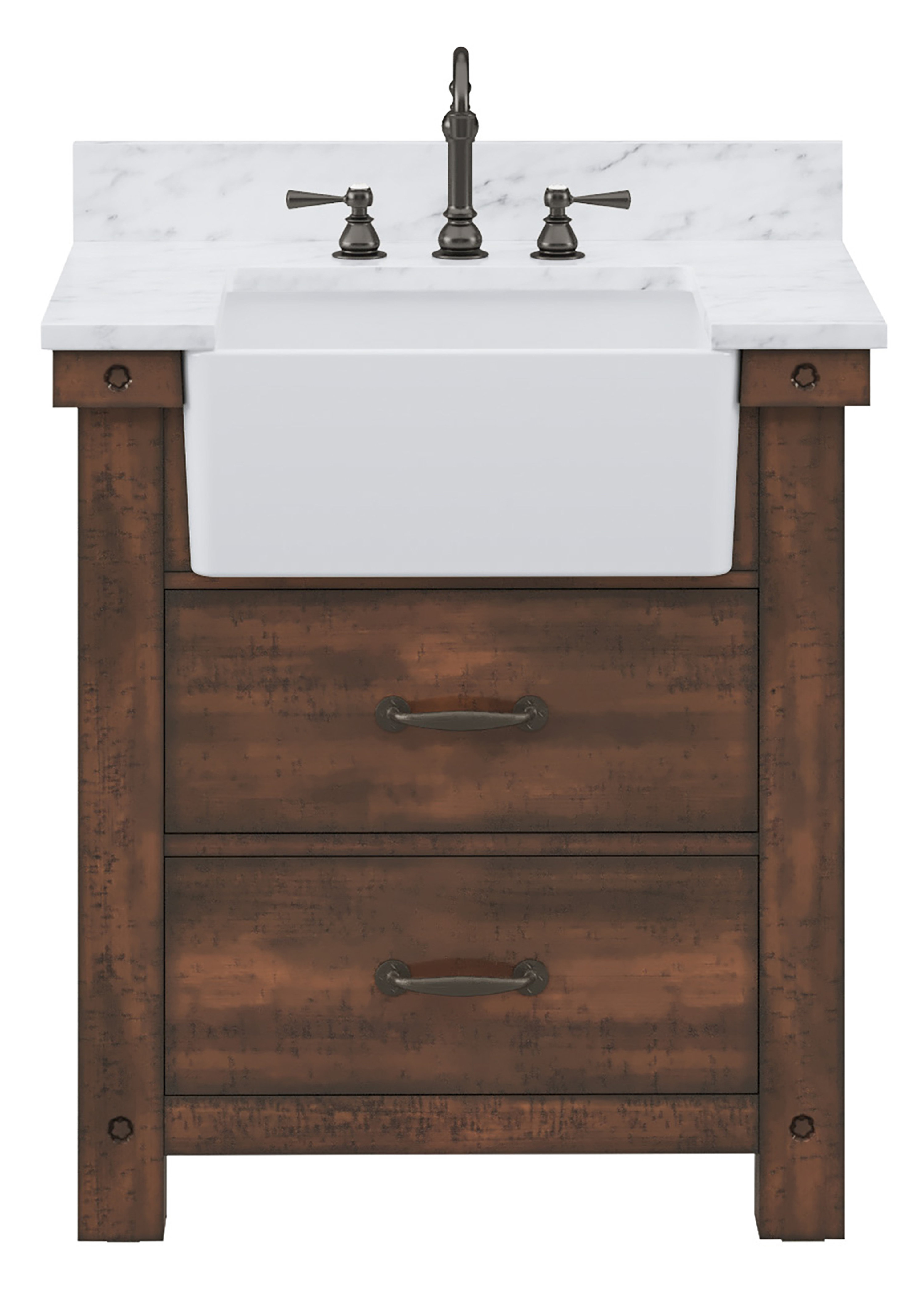 30" Single Sink Carrara White Marble Countertop Vanity in Rustic Sienna with Mirror and Faucet Options