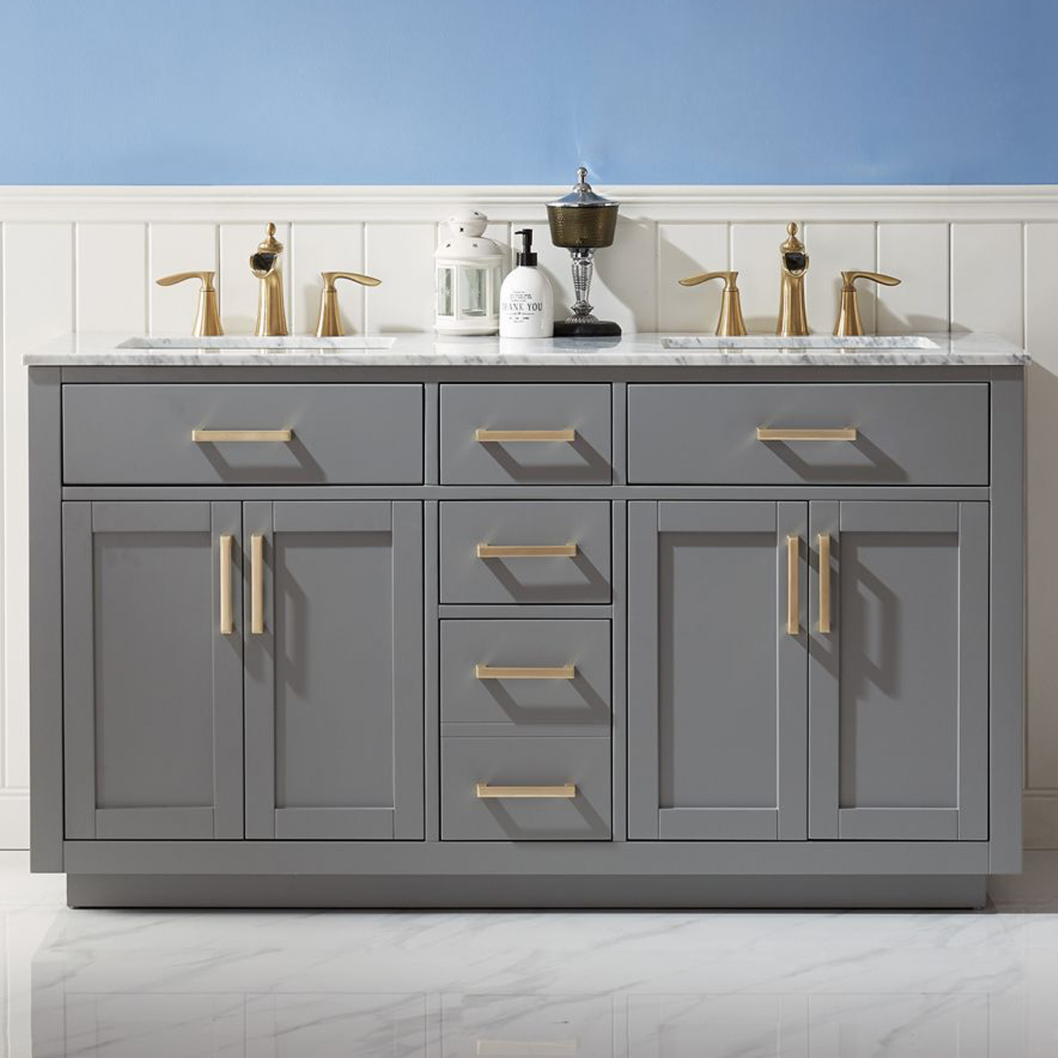 Issac Edwards Collection 60" Double Bathroom Vanity Set in Gray and Carrara White Marble Countertop without Mirror
