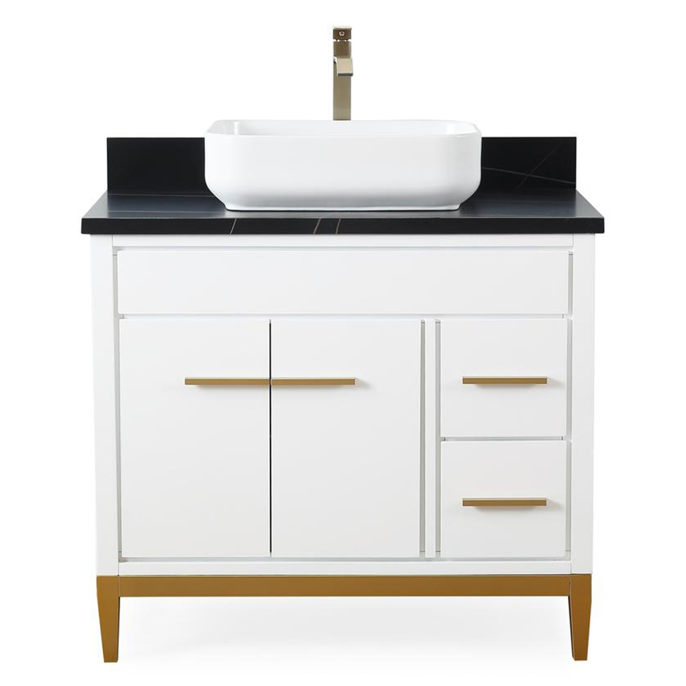 36" Modern Style White Single Bathroom Vanity Vessel Sink, Black Quartz Countertop with Backsplash