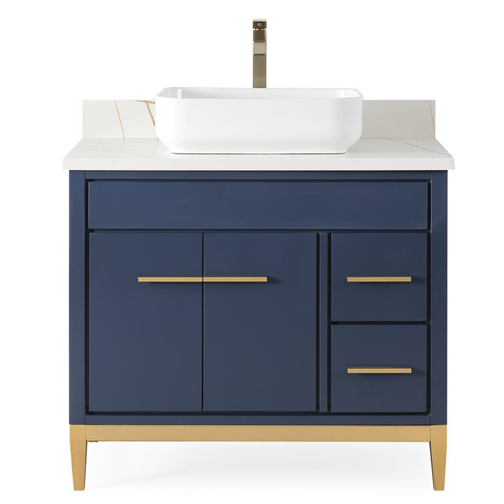 36" Modern Style Navy Blue Single Bathroom Vanity Vessel Sink, White Quartz Countertop with Backsplash