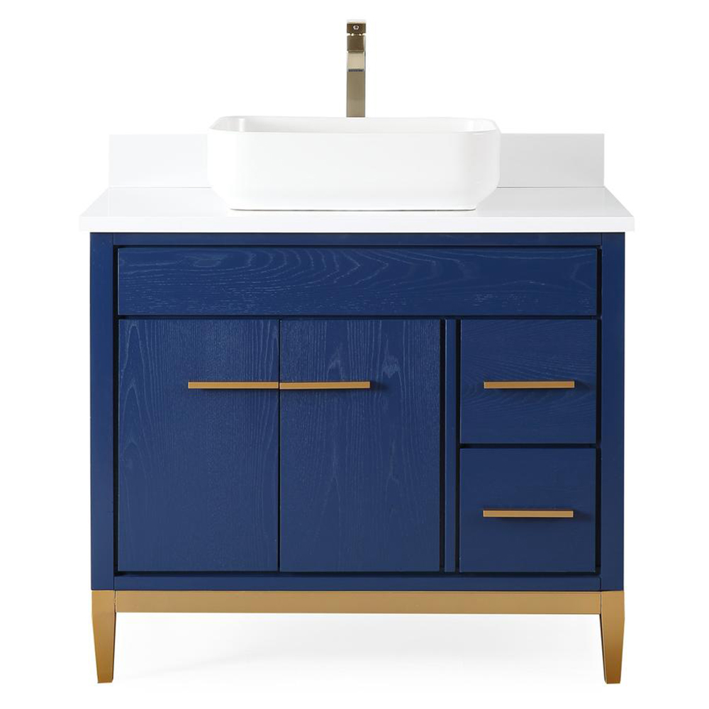36" Modern Style Blue Single Bathroom Vanity Vessel Sink, White Quartz Countertop with Backsplash
