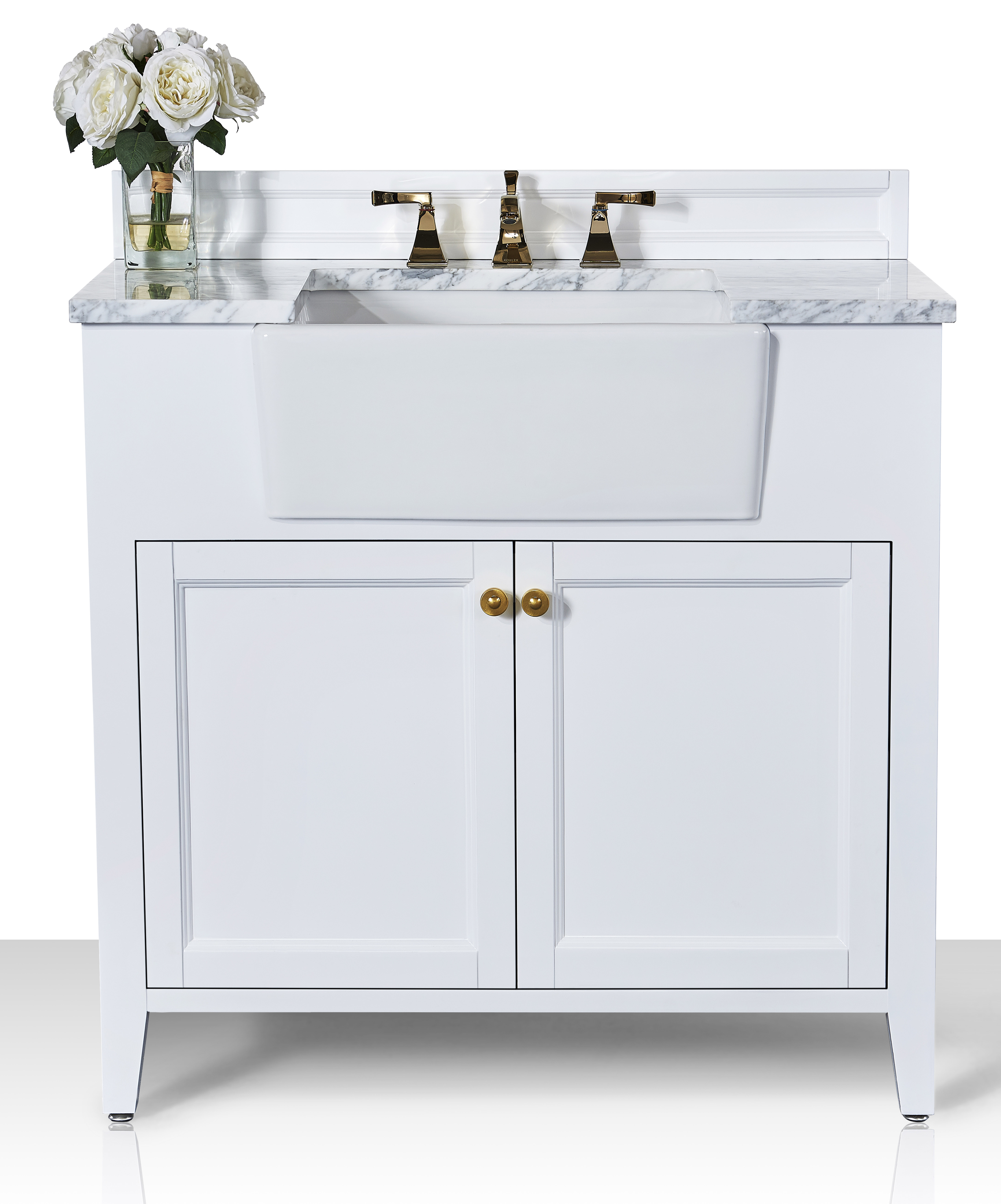 36" Bath Vanity Set in White with Italian Carrara White Marble Vanity Top and White Undermount Basin with Gold Hardware