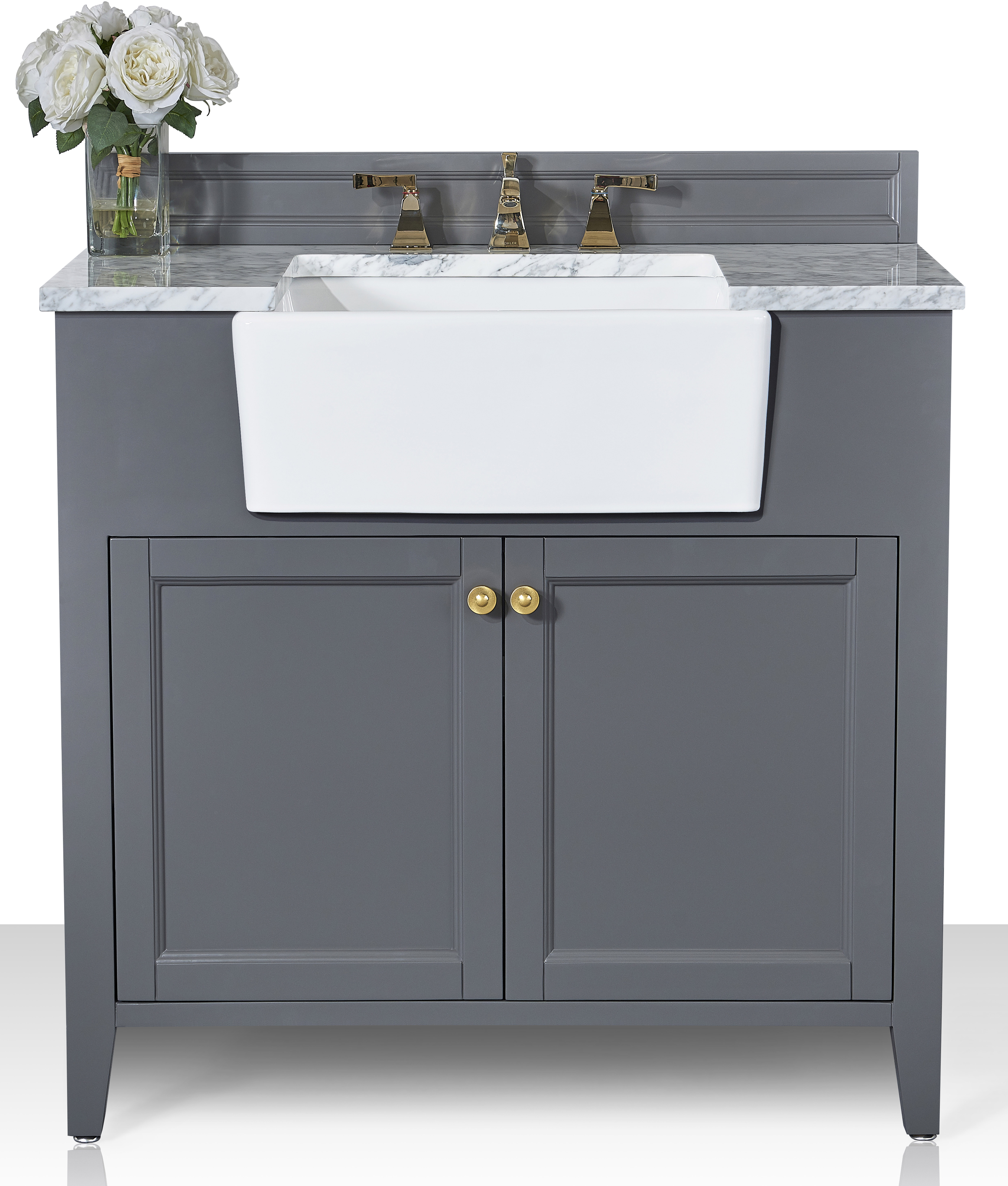 36" Bath Vanity Set in Sapphire Gray with Italian Carrara White Marble Vanity Top and White Undermount Basin with Gold Hardware