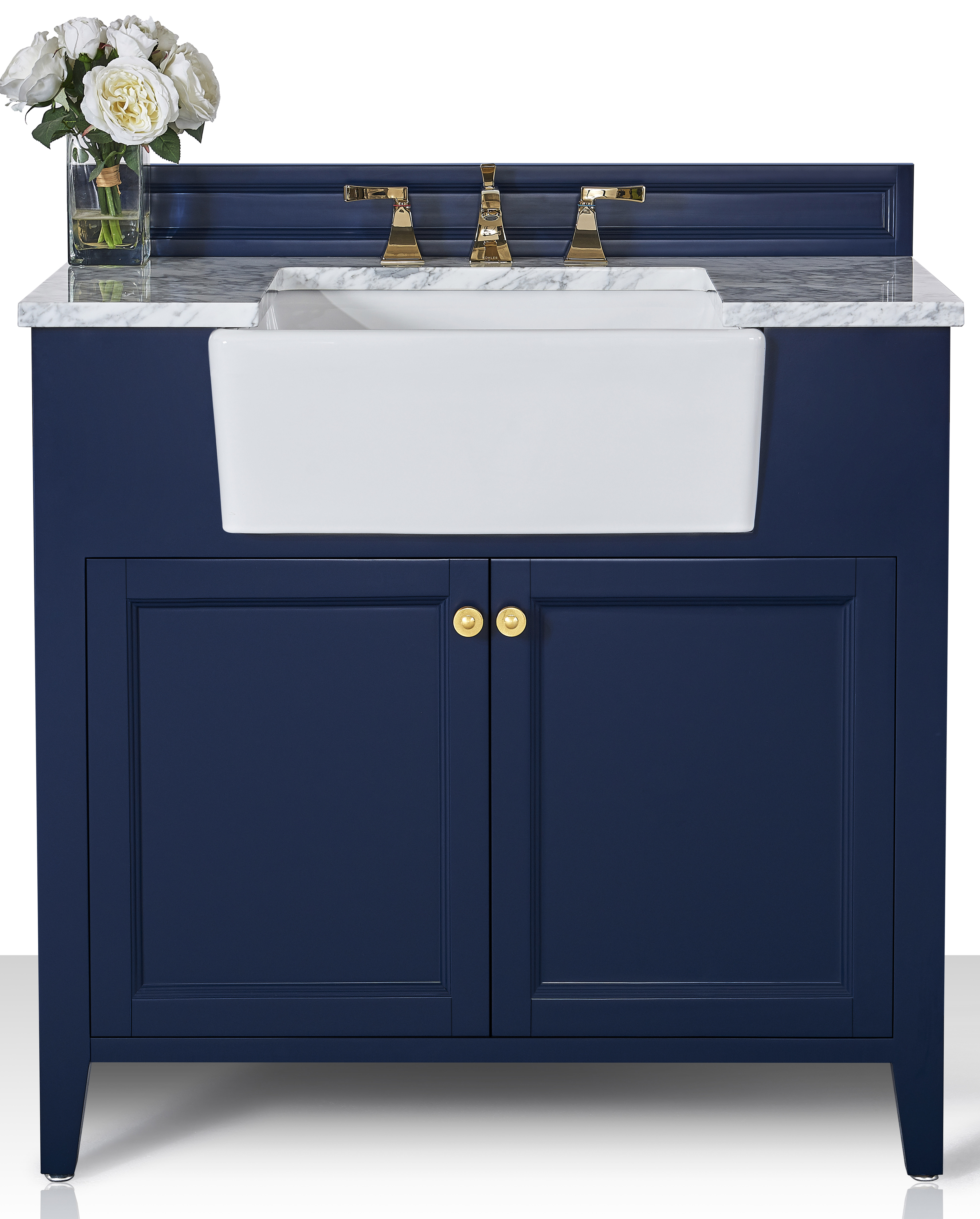 36" Bath Vanity Set in Heritage Blue with Italian Carrara White Marble Vanity Top and White Undermount Basin with Gold Hardware