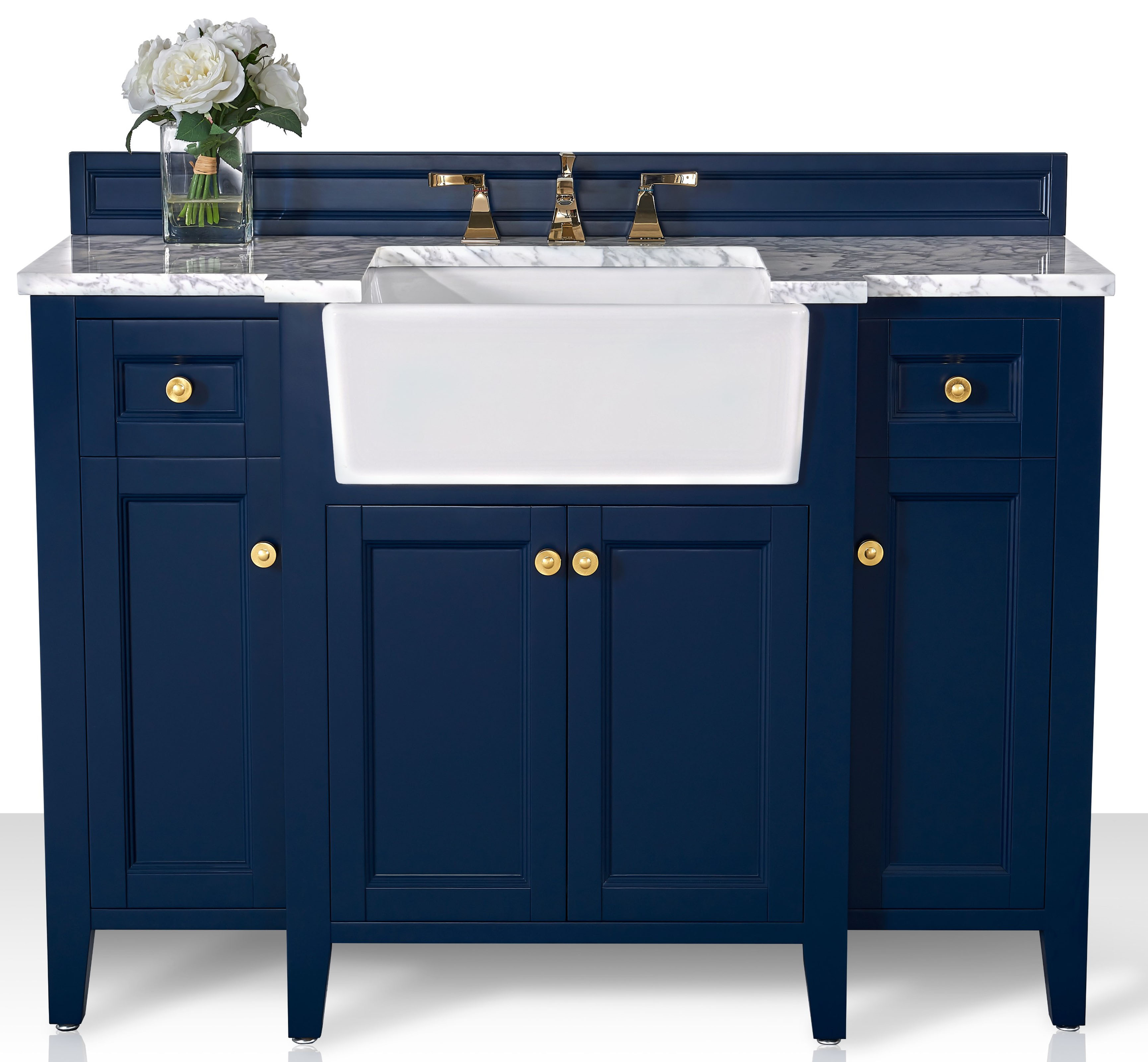 48" Bath Vanity Set in Heritage Blue with Italian Carrara White Marble Vanity Top and White Undermount Basin with Gold Hardware