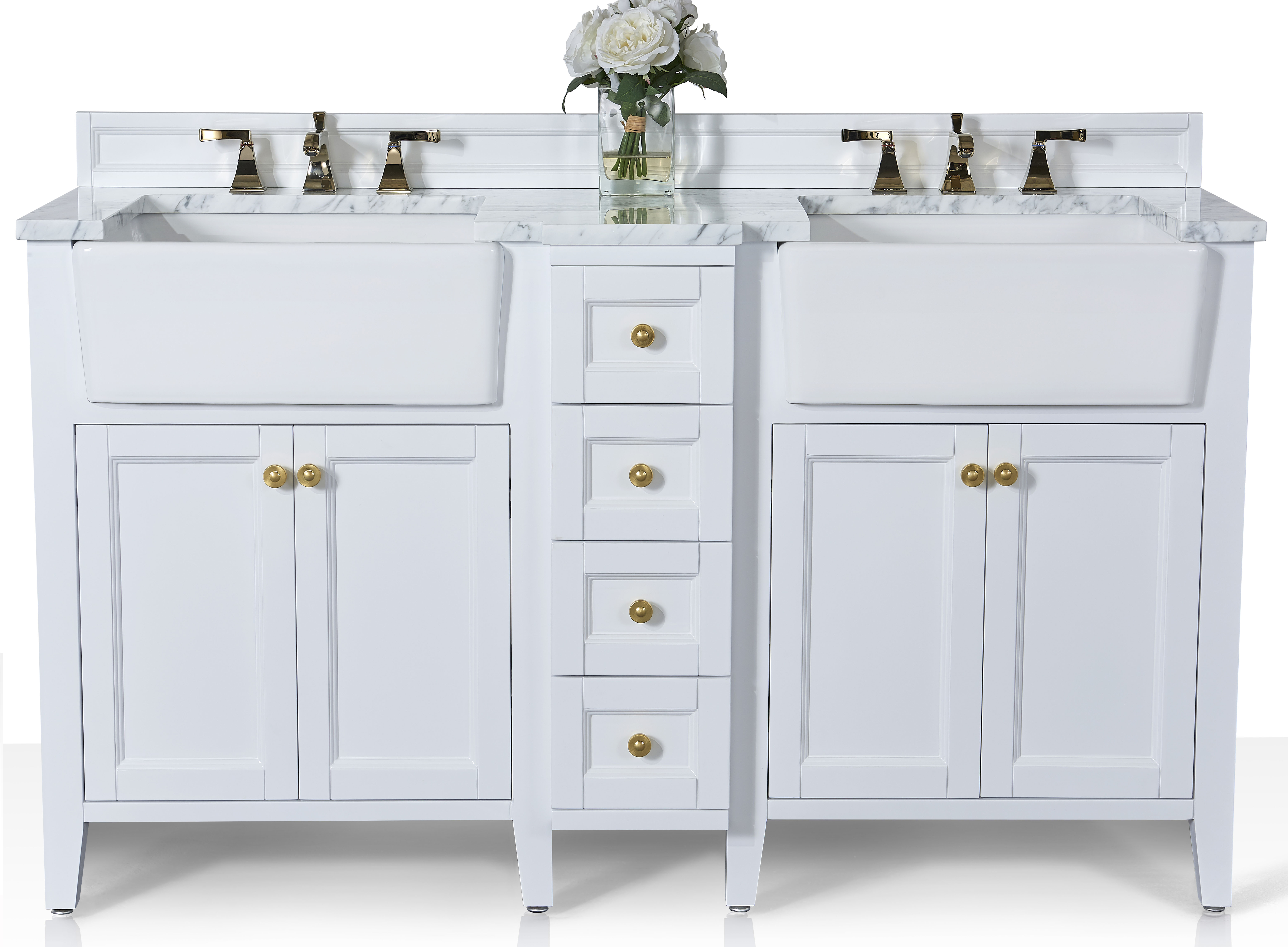 60" Bath Vanity Set in White with Italian Carrara White Marble Vanity Top and White Undermount Basin with Gold Hardware
