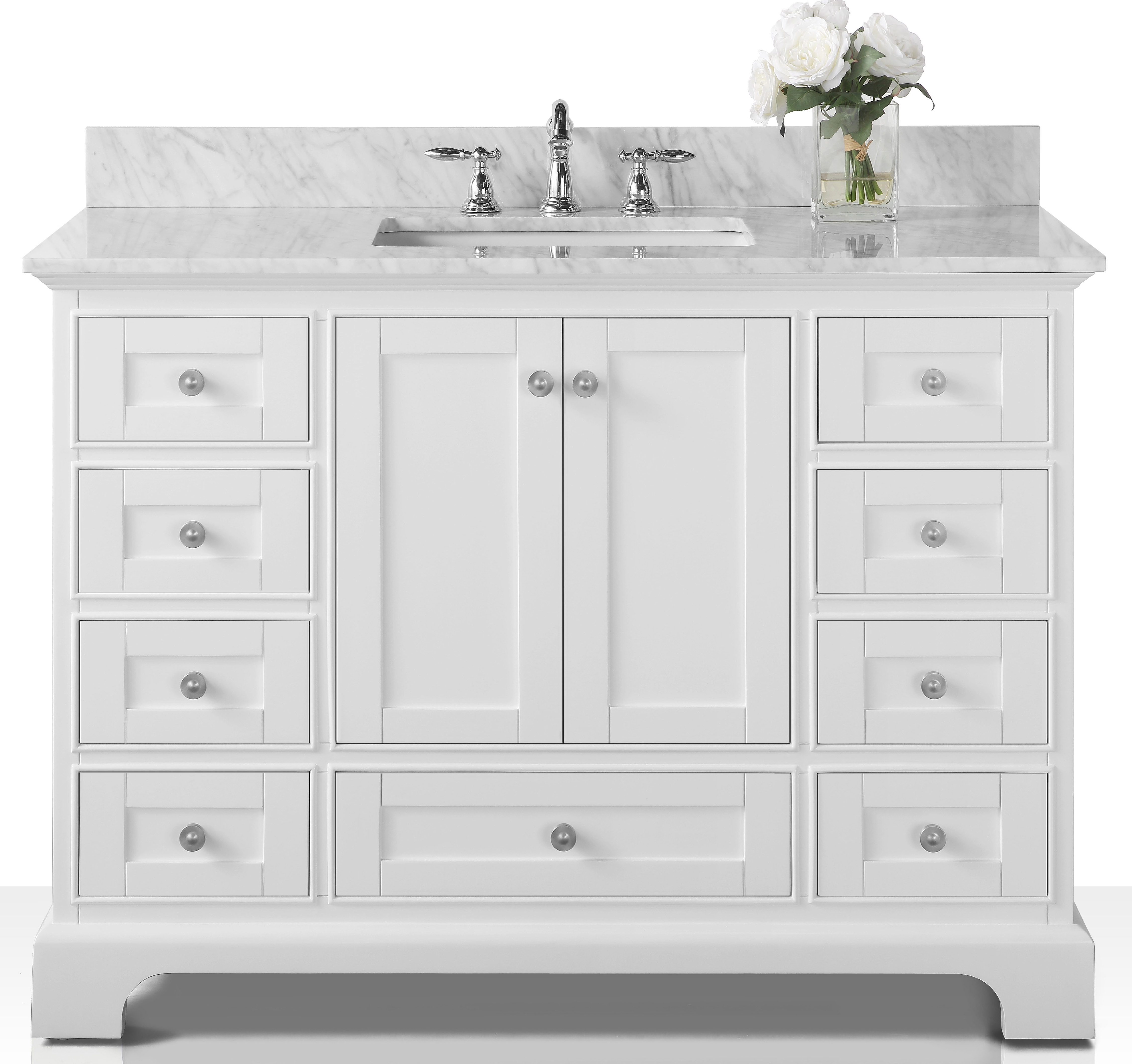 48" Bath Vanity Set in White with Italian Carrara White Marble Vanity Top and White Undermount Basin Mirror Options