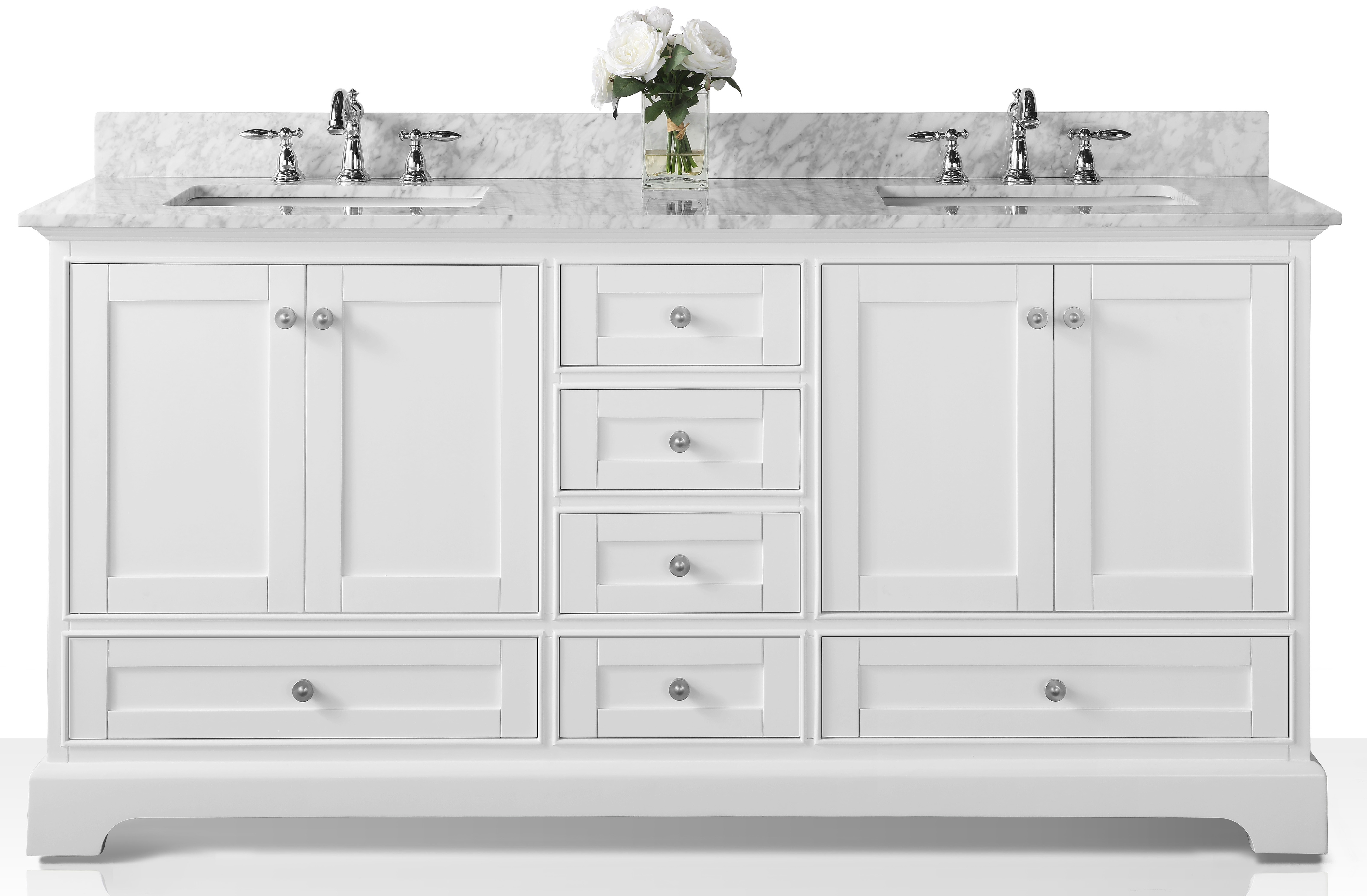 72" Bath Vanity Set in White with Italian Carrara White Marble Vanity top and White Undermount Basin with Top and Mirror Options