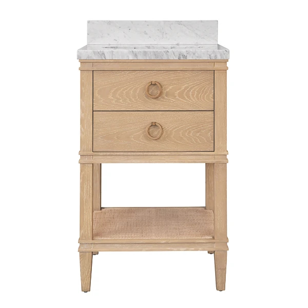 Issac Edwards 24" Bathroom Vanity in Cerused Oak with Open Cane Shelf, White Marble Top, Porcelain Sink, and Antique Brass Ring Hardware