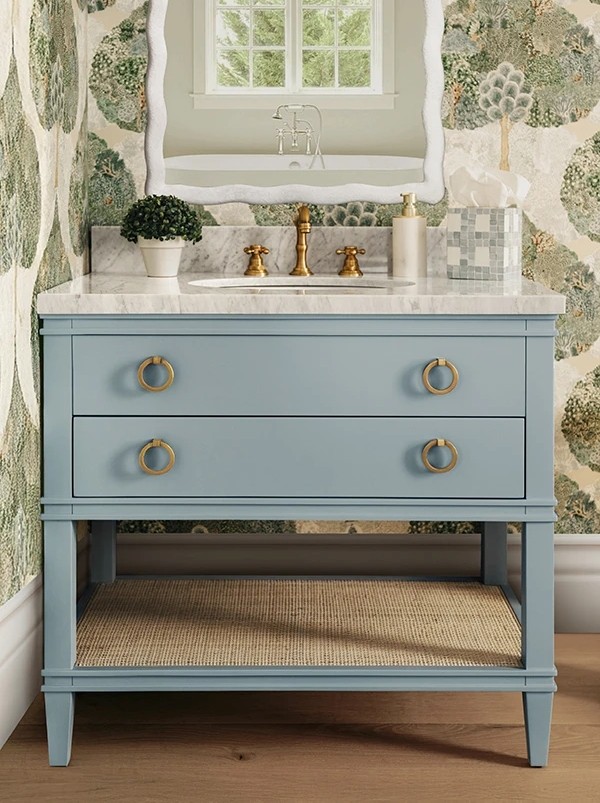 Issac Edwards 36.5" Bathroom Vanity in Matte Light Blue with Open Cane Shelf, White Marble Top, Porcelain Sink Issac Edwards 36.5" Bathroom Vanity in Matte Light Blue with Open Cane Shelf, White Marble Top, Porcelain Sink