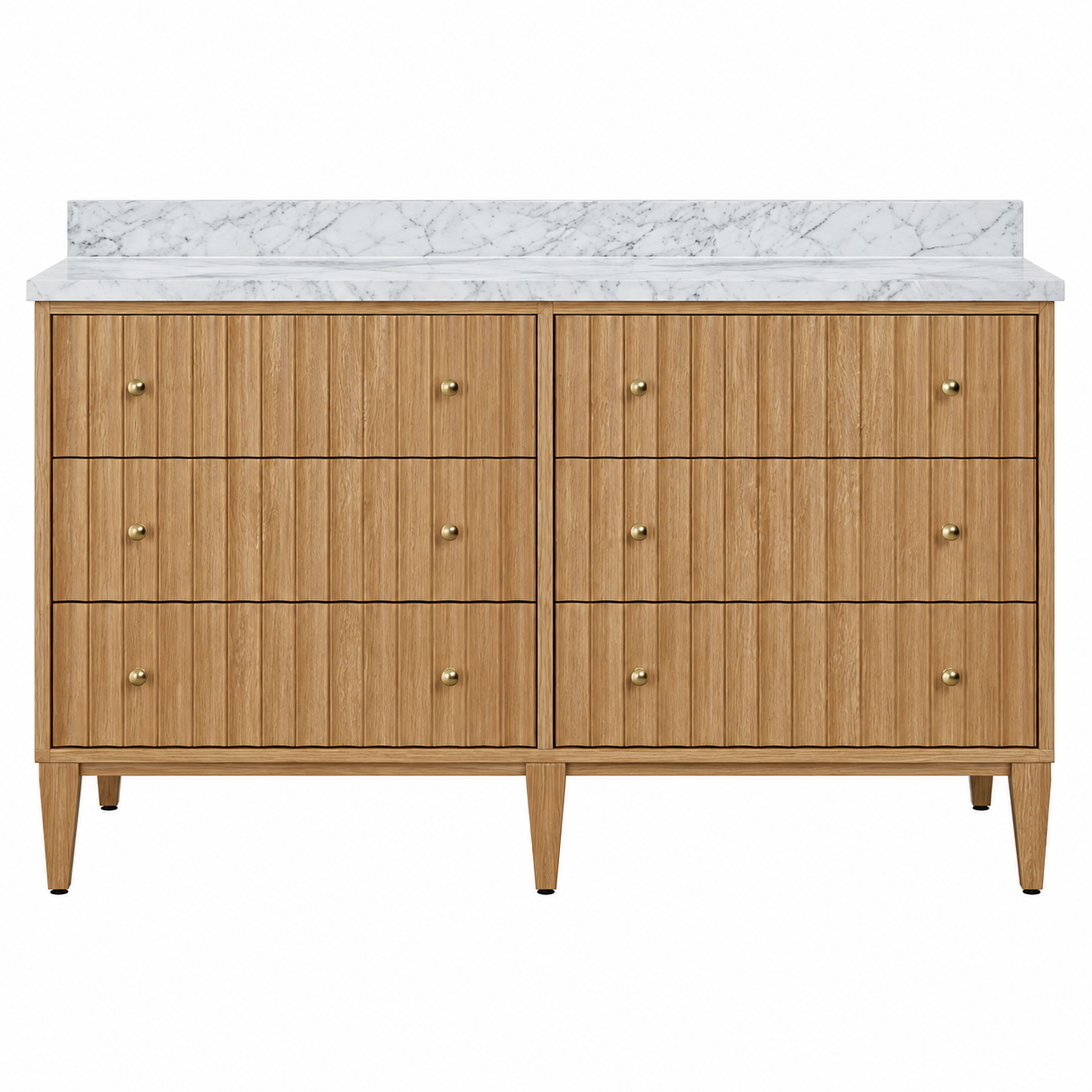 Issac Edwards 60" Bathroom Vanity with Vertical Fluted Detail on Drawers in Cerused Oak with White and Grey Marble Top