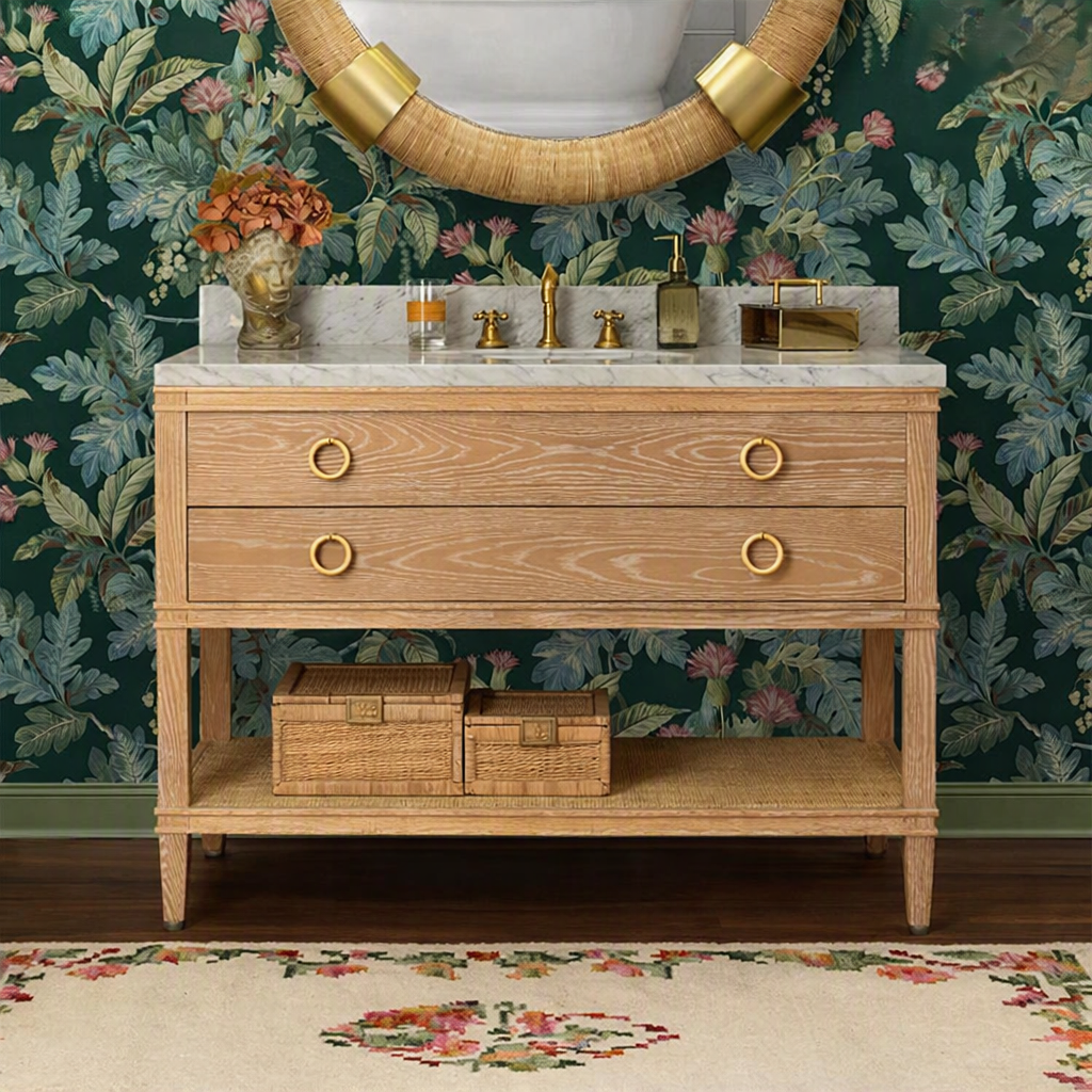 Issac Edwards 48" Bathroom Vanity in Cerused Oak with Open Cane Shelf, White Marble Top, Porcelain Sink, and Antique Brass Ring Hardware