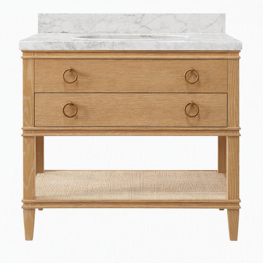 Issac Edwards 36.5" Bathroom Vanity in Cerused Oak with Open Cane Shelf, White Marble Top, Porcelain Sink, and Antique Brass Ring Hardware