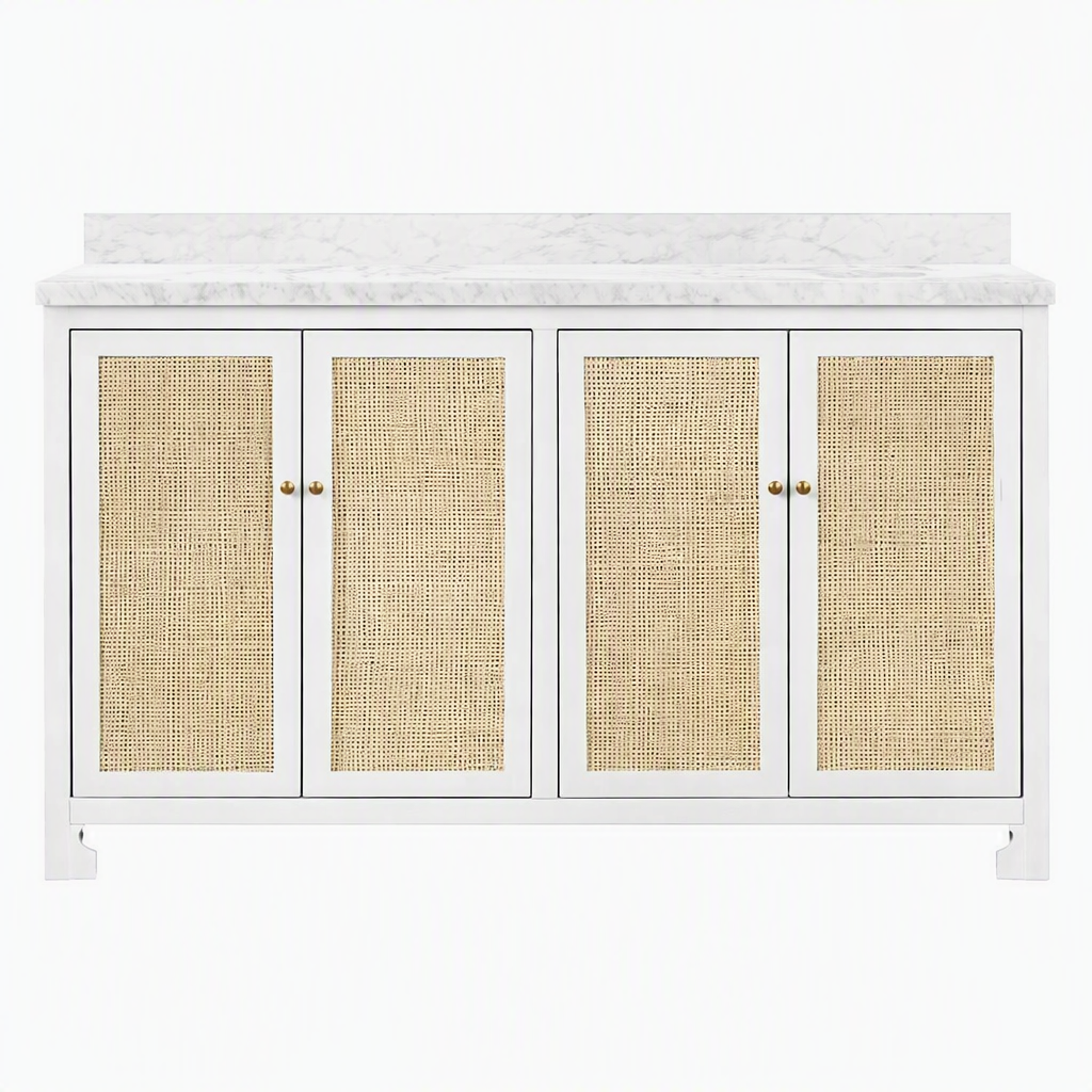 Issac Edwards 60" Bathroom Vanity in Matte White Lacquer with Cane Doors and Polished Brass Knobs