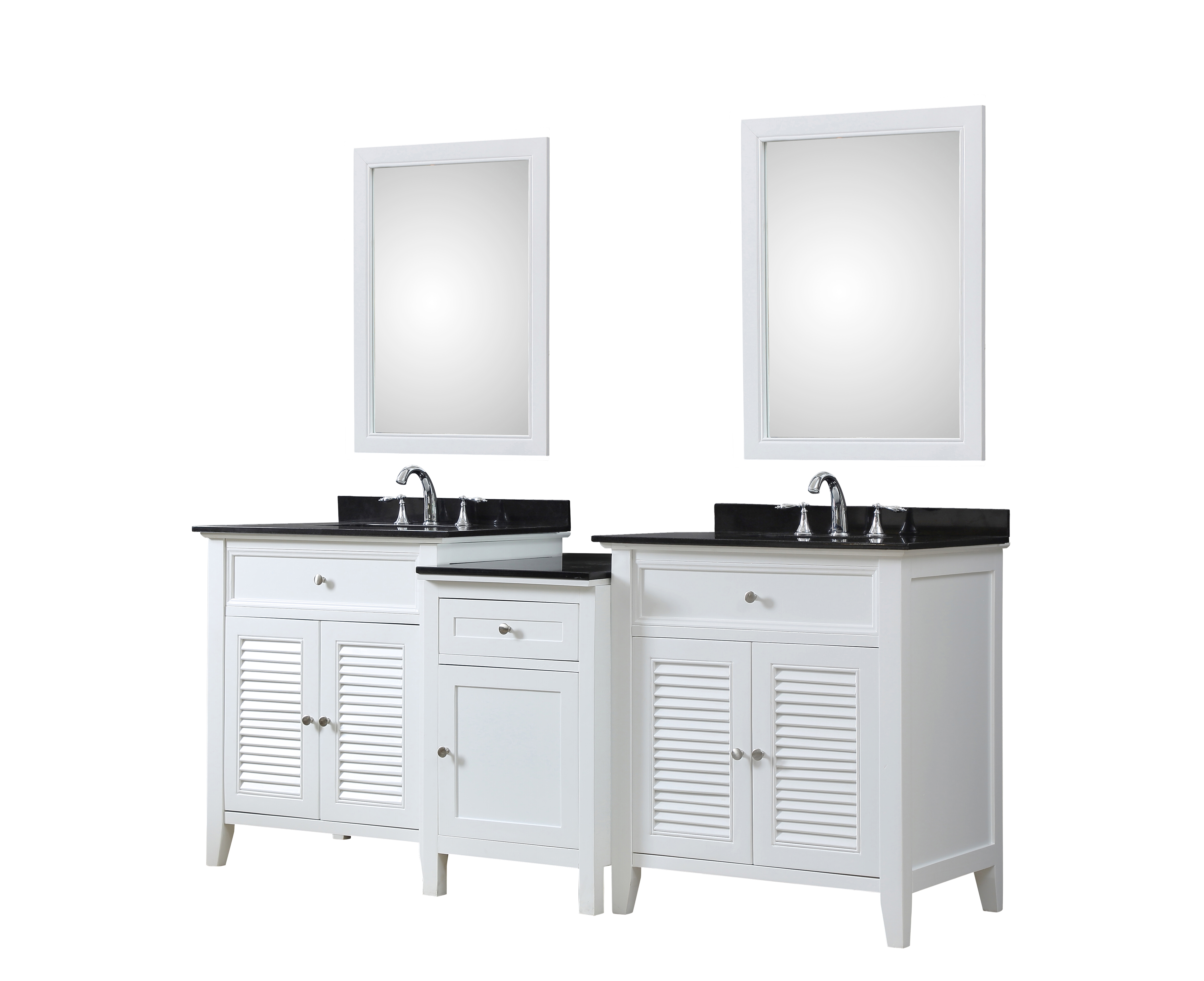 Spa 82" Bath and Makeup Hybrid Vanity in White with granite vanity top inblack with white basin and mirrors  