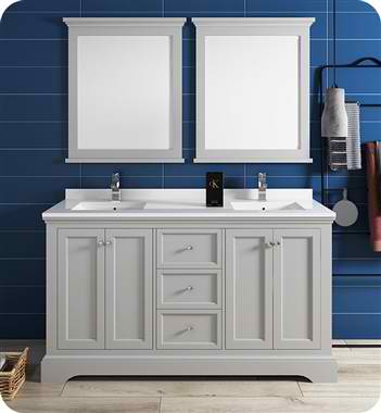 60" Gray Textured Traditional Double Sink Bathroom Vanity with Mirrors