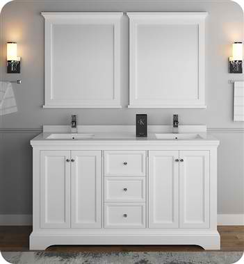 60" Matte White Traditional Double Sink Bathroom Vanity with Mirrors